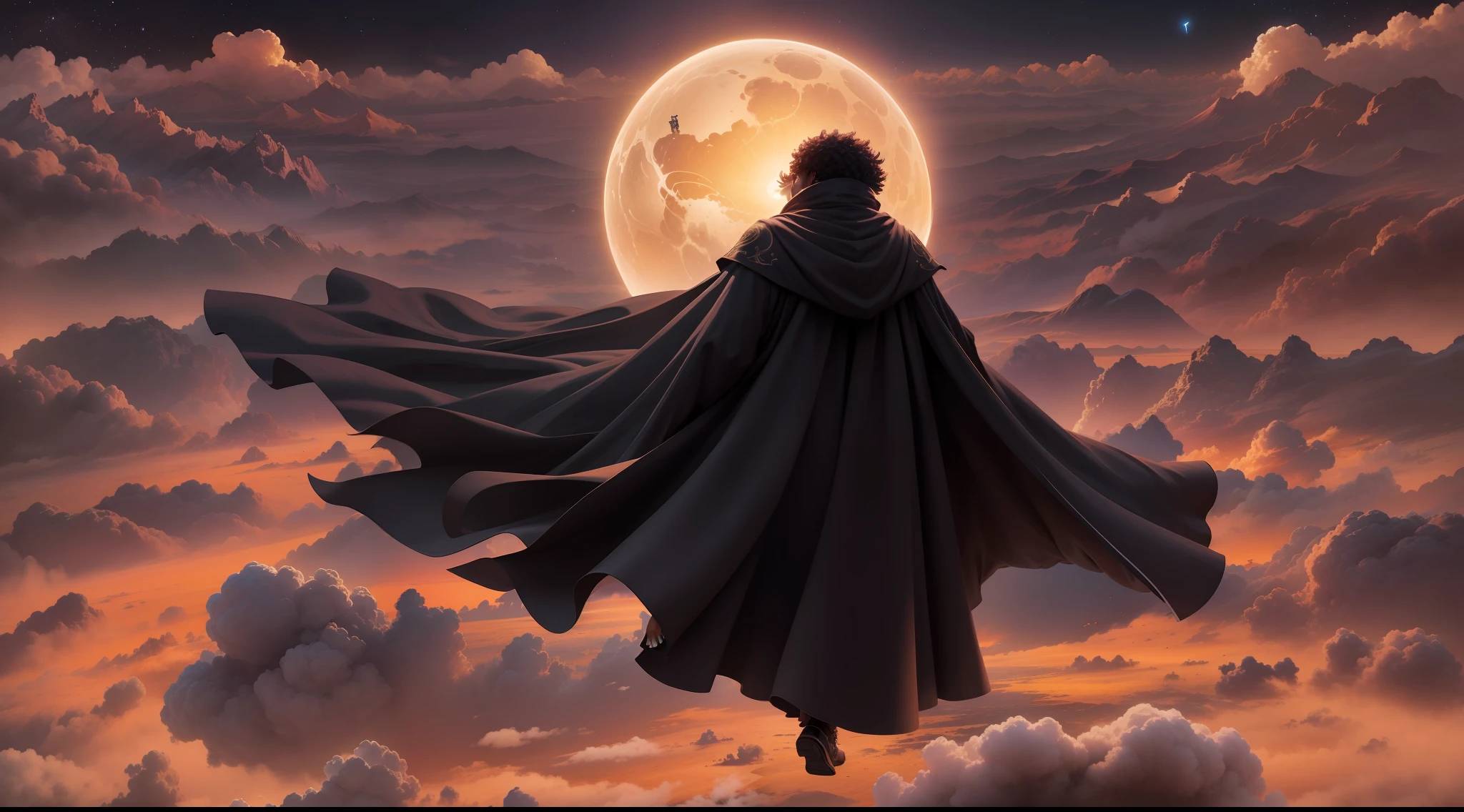 silhueta preto, a man on his back in a cloak flying over the earth at night, emergindo do sol, universo