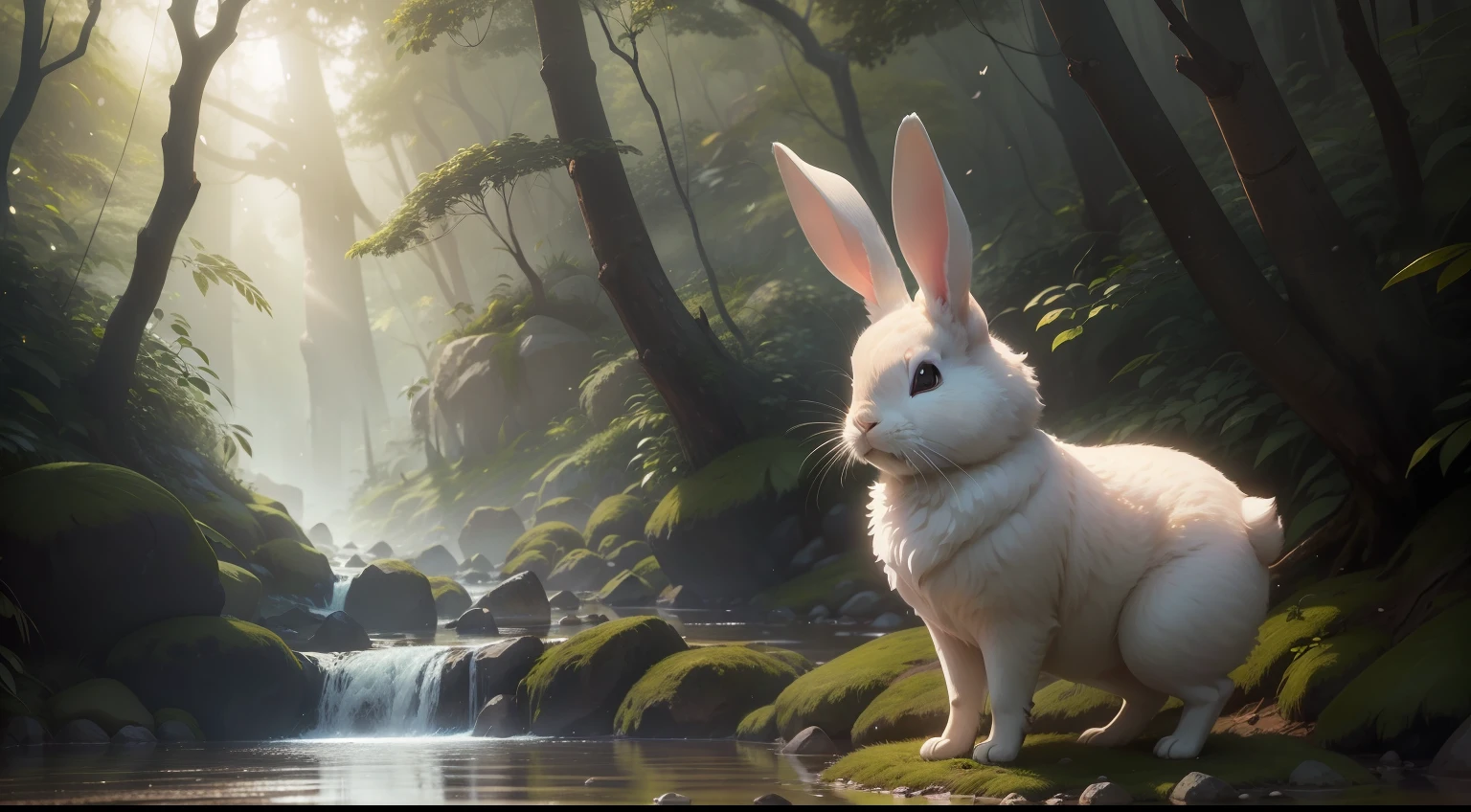 Crie uma cena cativante de um coelho ultra realista se deparando com dificuldades na floresta. The rabbit is standing in front of a stream high on a mountain with dense trees. Expresses the rabbit's hesitation and curiosity when facing natural challenges. Use tons de luz para destacar uma cena emotiva