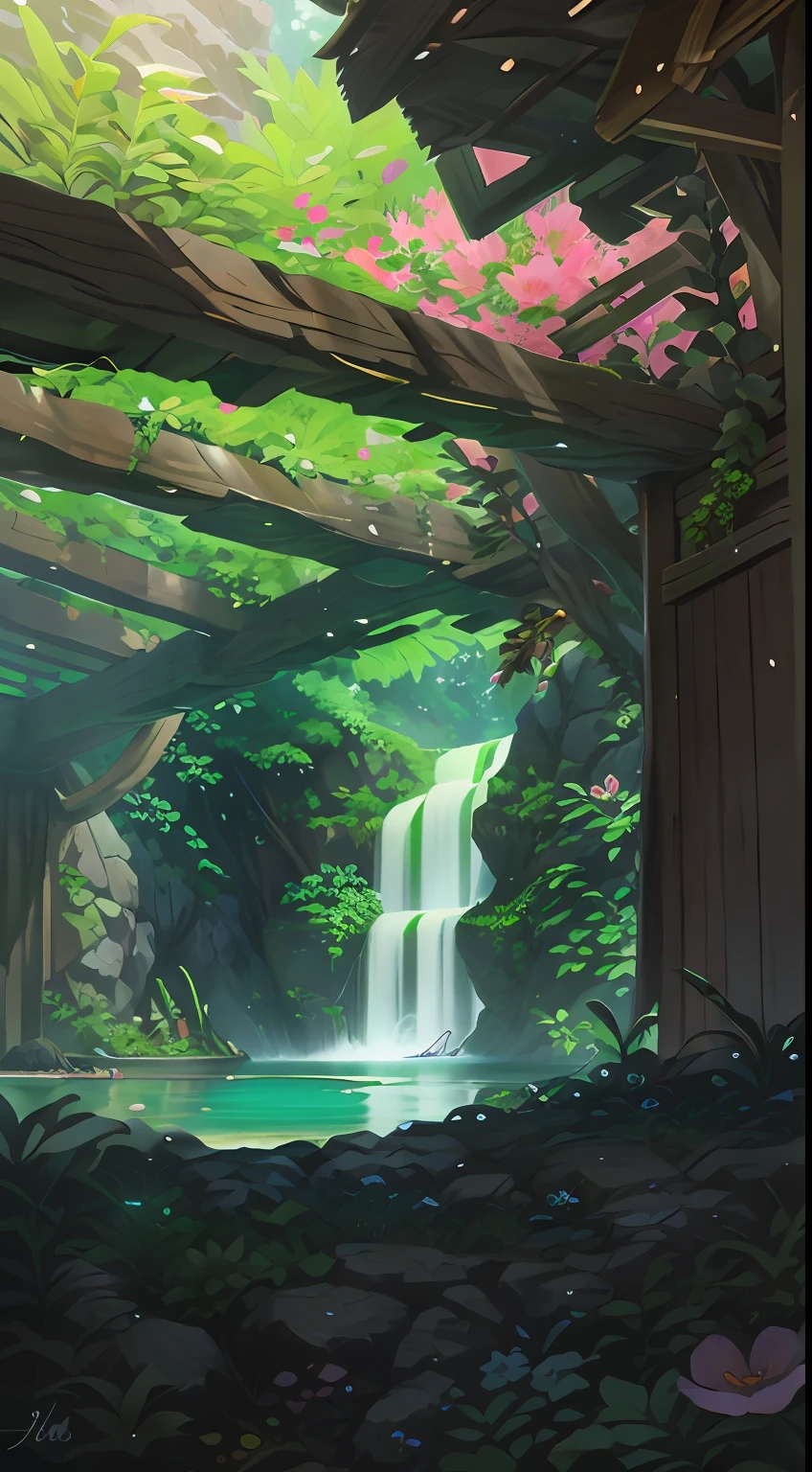 spring, jungle, lake, cave, waterfall, tree, meadow, rock, deer, hot spring, petal, water vapor, (illustration: 1.0), epic composition, realistic lighting, HD detail, masterpiece, best quality, (very detailed CG unified 8k wallpaper)