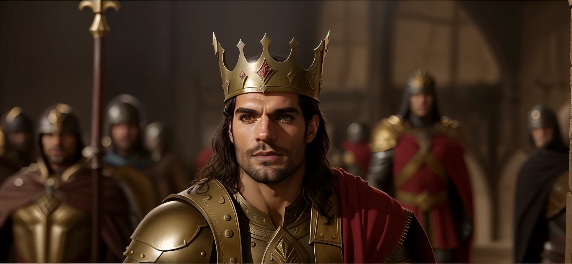 um homem de coroa e capa vermelha na frente de outros homens, Henry Cavill como um guerreiro, homem com coroa, Henry Cavill como Arthas Menethil, Velho Rei Medieval, Henry Cavill como um deus grego, henry cavill is a greek god, king richard the lionheart, usando coroa de reis, Grande Rei de Stovokor, Henrique Cavill