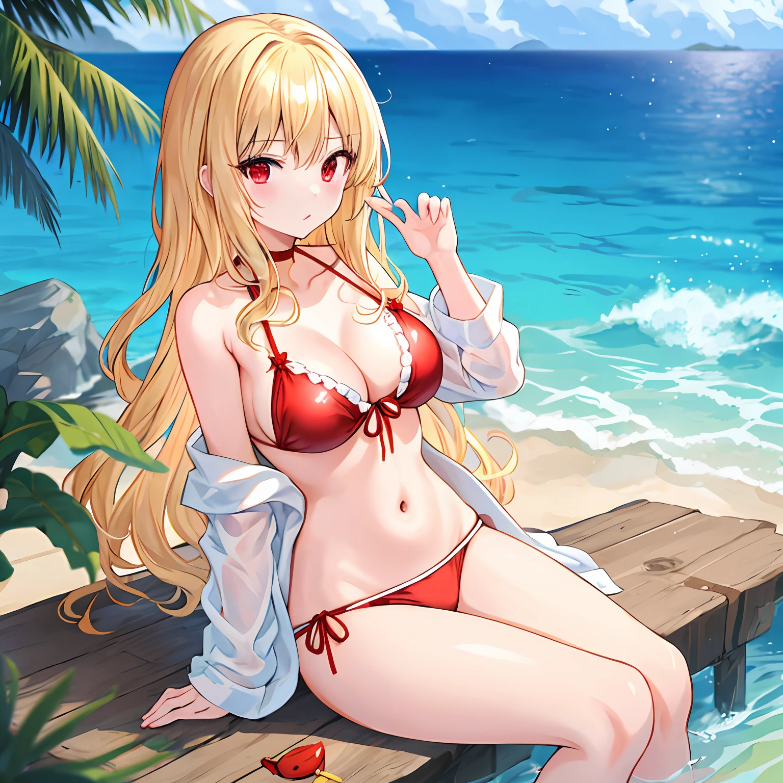 Wavy blonde hair、red eyes、One pretty girl、独奏、animesque、The bikini、sitting on、A sexy、gravure、Mare