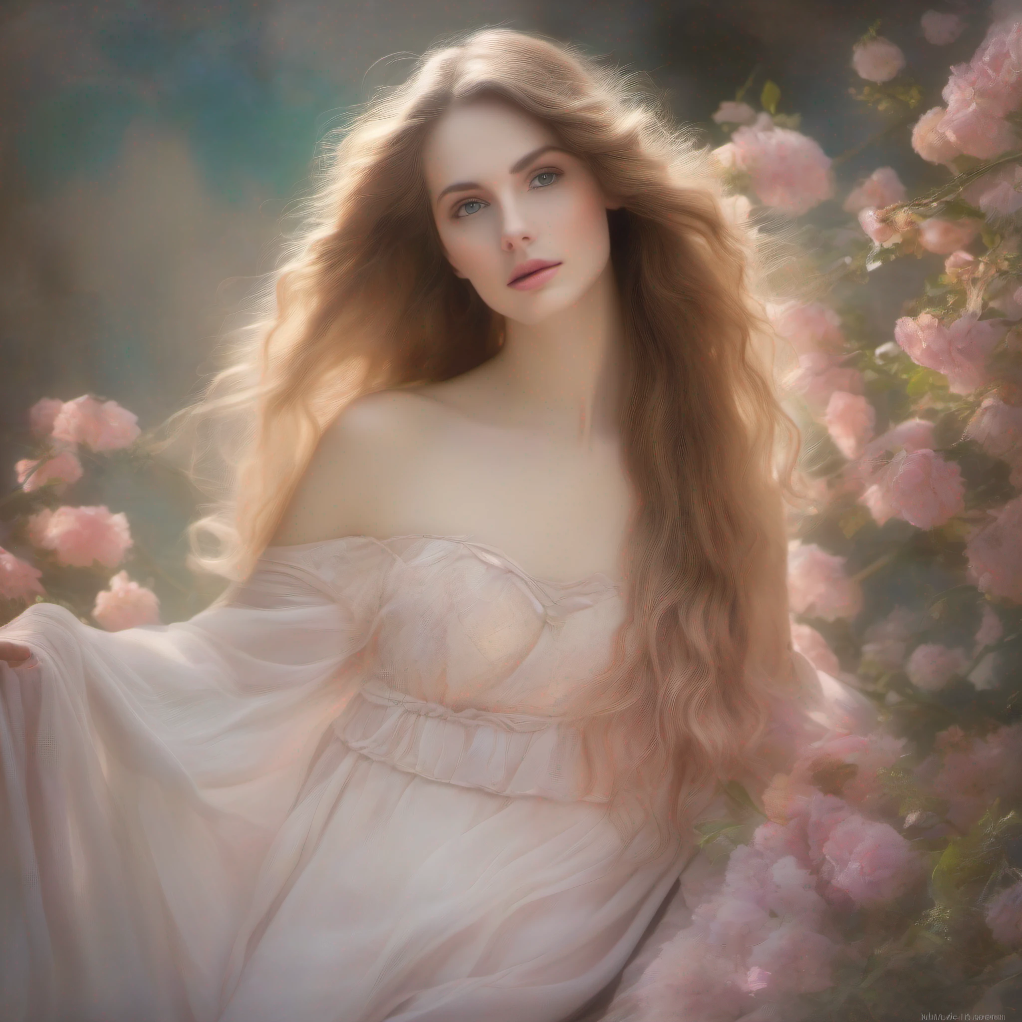 Medium shot, Aphrodite, elegant, Beautiful, Flowing hair, Nikon D850 camera, 85mm lens, Soft studio lighting, Pastel Groden color scheme, Neoclassical fine art painting, Subtle grained texture, Soft shadows and highlights were later added, Best quality, Beautiful, filmgrain