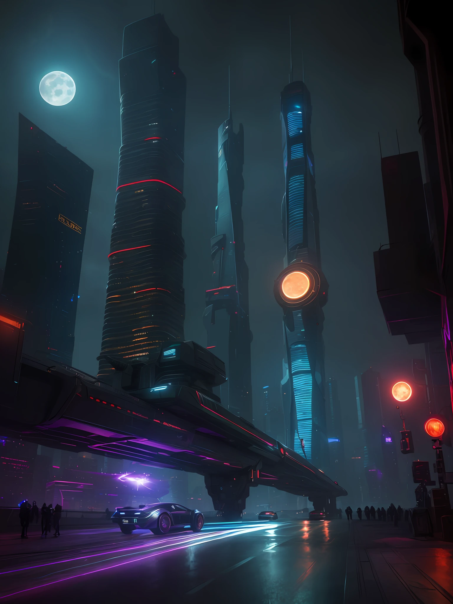 (highly detailed:1.2),(best quality:1.2),(8k:1.0),(emb-rrf-low:1.0),sharp focus,(award-winning photograph:1.2), (subsurface scattering:1.1), Futuristic cityscape with towering skyscrapers, neon-lit streets, flying cars, holographic billboards, and a full moon backdrop, by Robert Broomfield, 3D art, photorealistic, hyper-detailed, dystopian, trending on ArtStation, cinematic lighting, sci-fi, and fantasy.