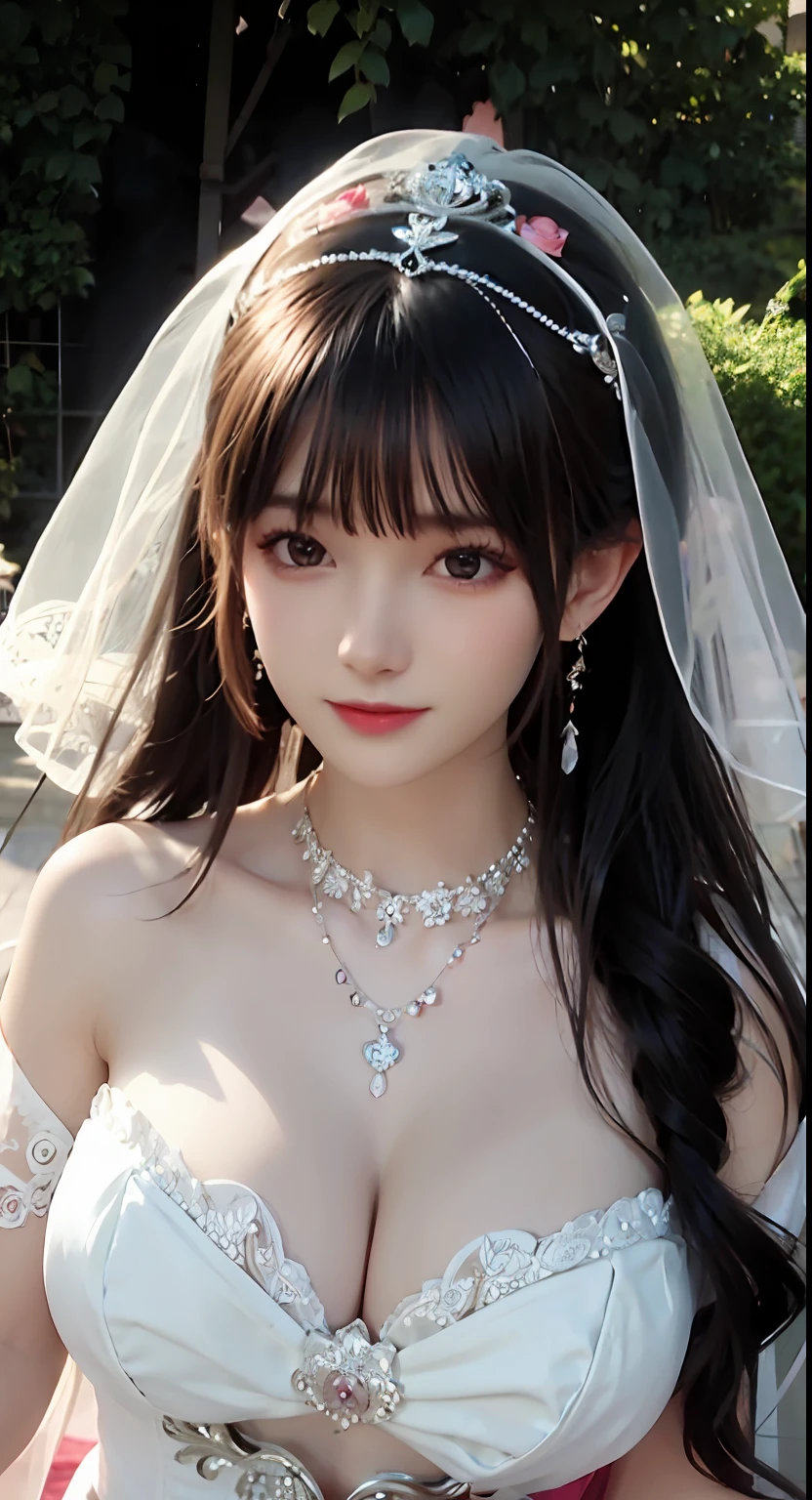 Beautiful bride,Head flower,headdress,(Bandeau wedding dress:1.5),(Silk dress:1.4),dress,necklace,earring,huge tit,Neck ornaments,Deep V peach heart collar wedding dress,Liuhai,Bouquet,mitts,Bridal veil,Forehead ornaments,(Transparent veil:1.3),Bust photo,(Strapless wedding dress:1.5),lipstick,High detail RAW color art,Outdoors,Pink blush