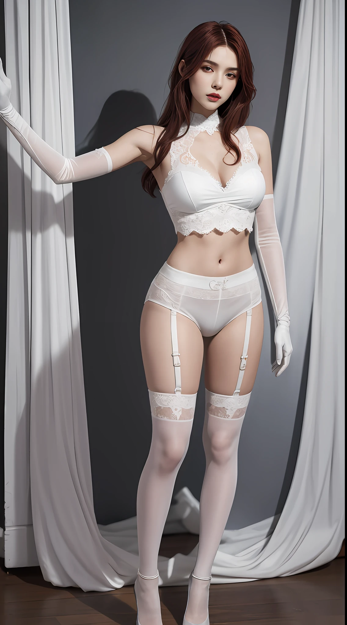 , 1girl, Textured garments, poised poise, dramatic angles, geometric shapes, contrasts of light and shadow, slick futurism, avant-garde styling, high-tech backdrop, crisp lines, ultra-high resolution, armpits, solo, breasts, long hair, looking at viewer, gloves, elbow gloves, large breasts, gloves, midriff, stomach, absurdres, piercing red eyes, detailed clothes, red hair, (transparent clothes:1.1),anatomical, gothic style, white lace, half classicism half surrealism aristocratic lady, mystery style tattoo, fantasy, lace white silk stockings, full body