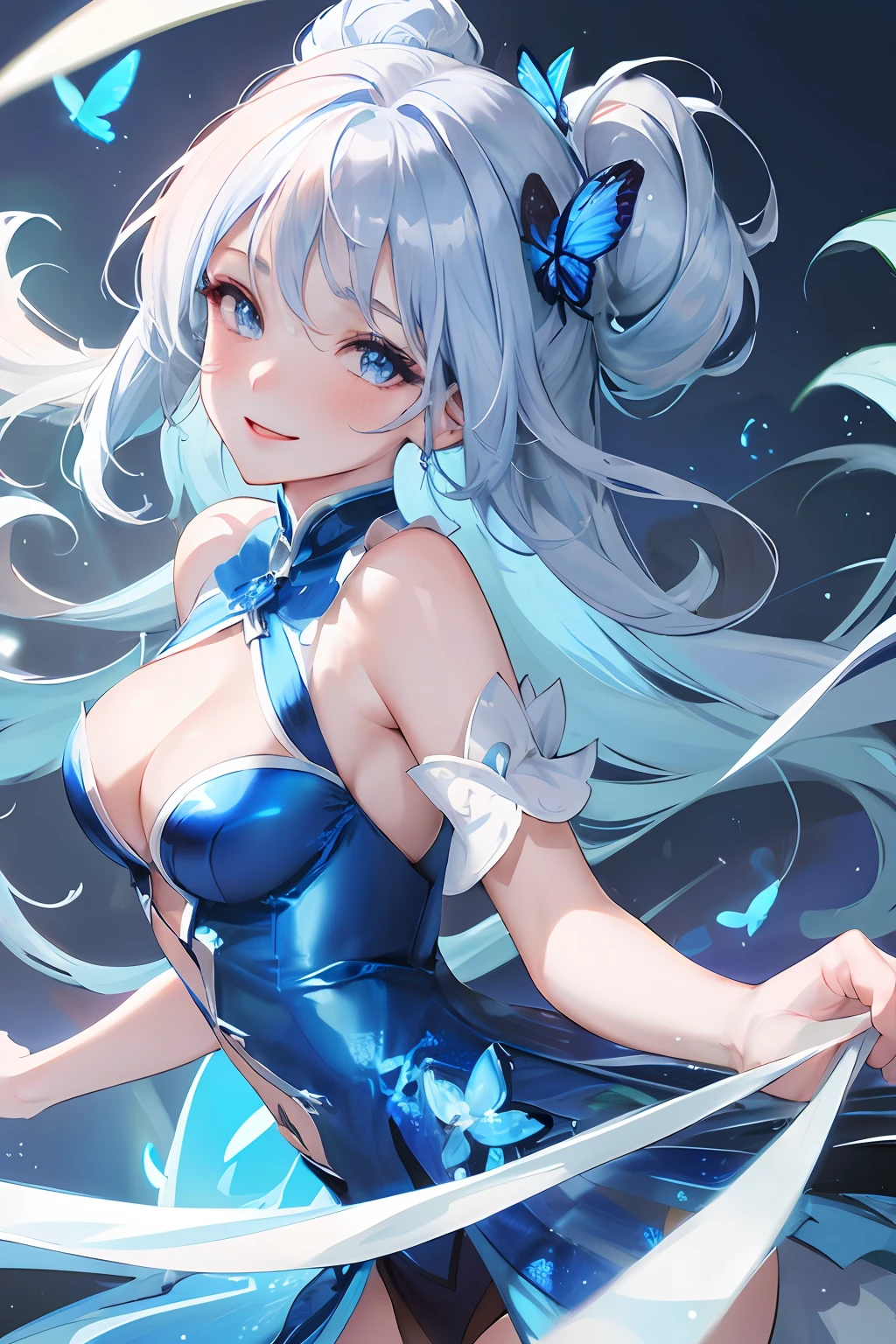 Glowing blue butterfly，Blue sexy cheongsam，1girll，blue color eyes，Seductive pose with long white hair， Blush, Smile, cheerfulness, Masterpiece, Best quality,A high resolution,Detail enhancement，best qualtiy，Perfect image quality