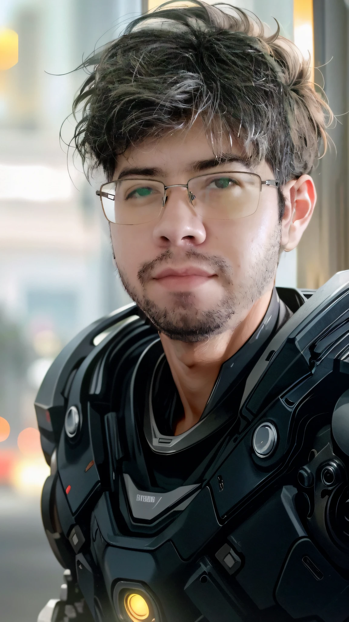 Foto retrato de um homem bonito, olhos perfeitos, em um exosuit mecha usado, ((bokeh claro)), intrincado, (steel metal [ferrugem]), elegante, foco nítido, foto por greg rutkowski, soft-lighting, cores vibrantes, obra-prima, ((ruas)),