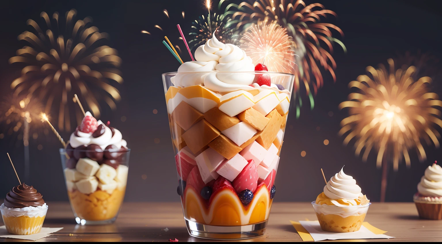 Big parfait for parties、Fireworks are stuck