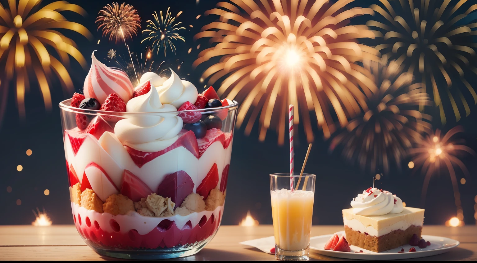 Big parfait for parties、Fireworks are stuck