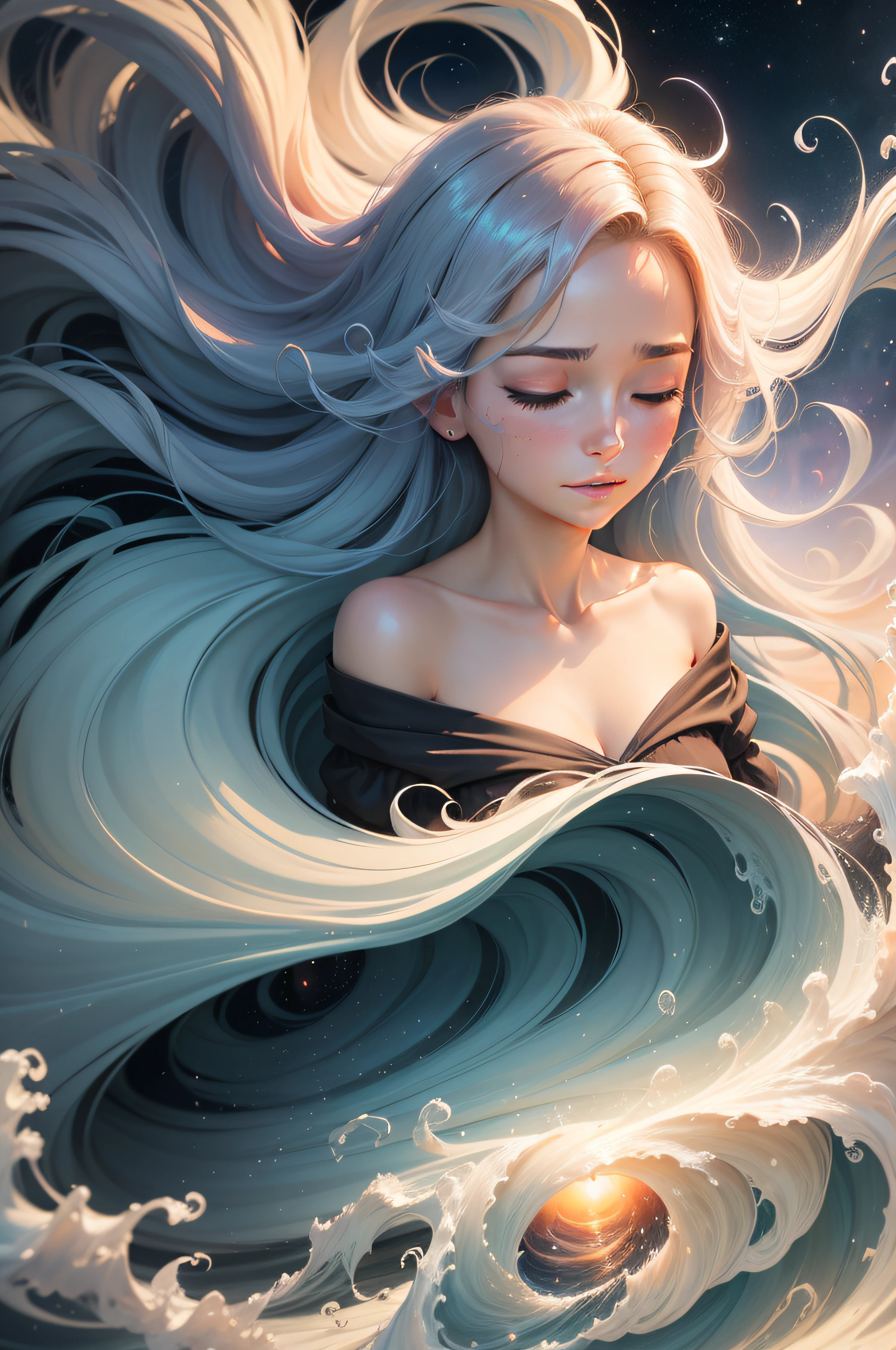 painting of a woman with her eyes closed and her hair blowing in the wind, softly swirling magical energy, channeling swirling energy, swirling magical energy, swirling water cosmos, by Cyril Rolando, swirling flows of energy, in the astral plane ) ) ), dreamlike digital painting, inspired by Cyril Rolando, ' lost in a lucid dream, dreaming face