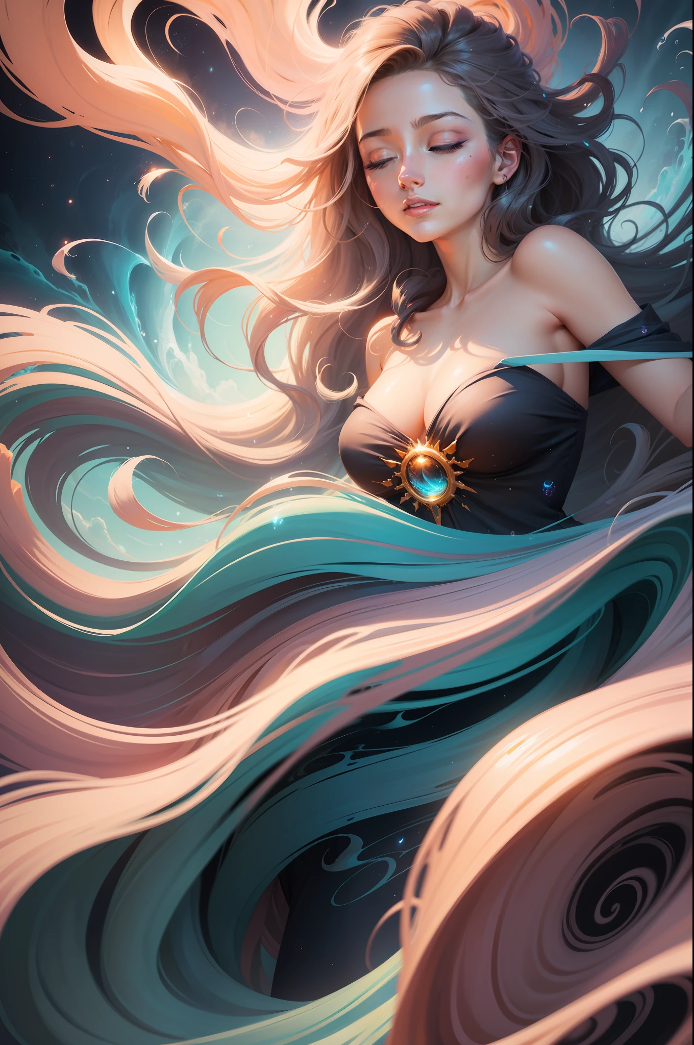painting of a woman with her eyes closed and her hair blowing in the wind, softly swirling magical energy, channeling swirling energy, swirling magical energy, swirling water cosmos, by Cyril Rolando, swirling flows of energy, in the astral plane ) ) ), dreamlike digital painting, inspired by Cyril Rolando, ' lost in a lucid dream, dreaming face