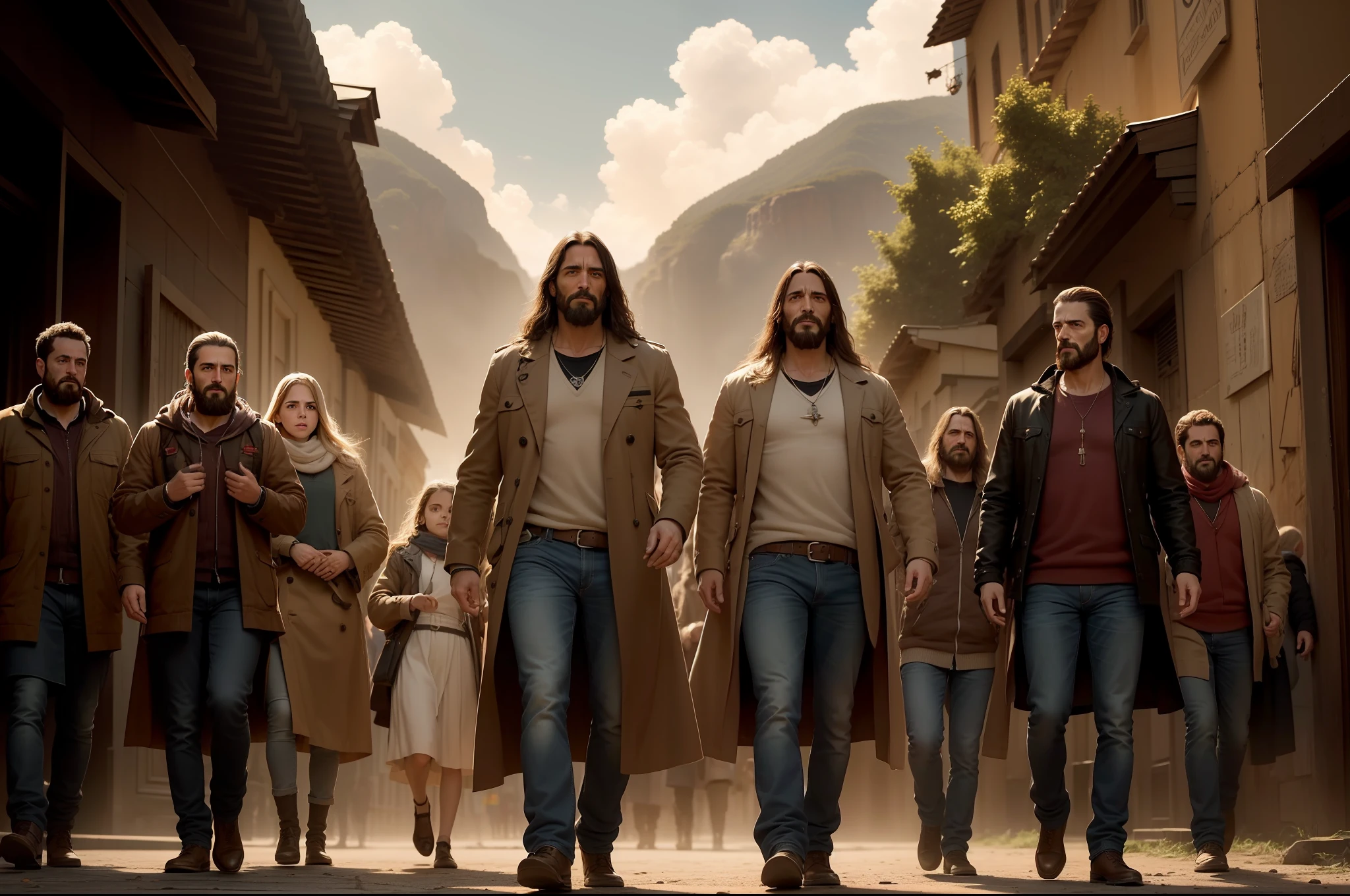 Judgment Day Second Coming of Jesus, jesus imponente, magestuoso, dando luz a la gente afligida, ((imagen epica)) , ((caras bien detalladas)), ((manos bien detalladas)) la gente tiene miedo huyendo despavorida por cualquier lado (Obra maestra, Detalles intrincados, La mejor calidad) hiperrealismo, Obra maestra, Detalles intrincados, (La mejor calidad), extremadamente detallado, cuerpo completo