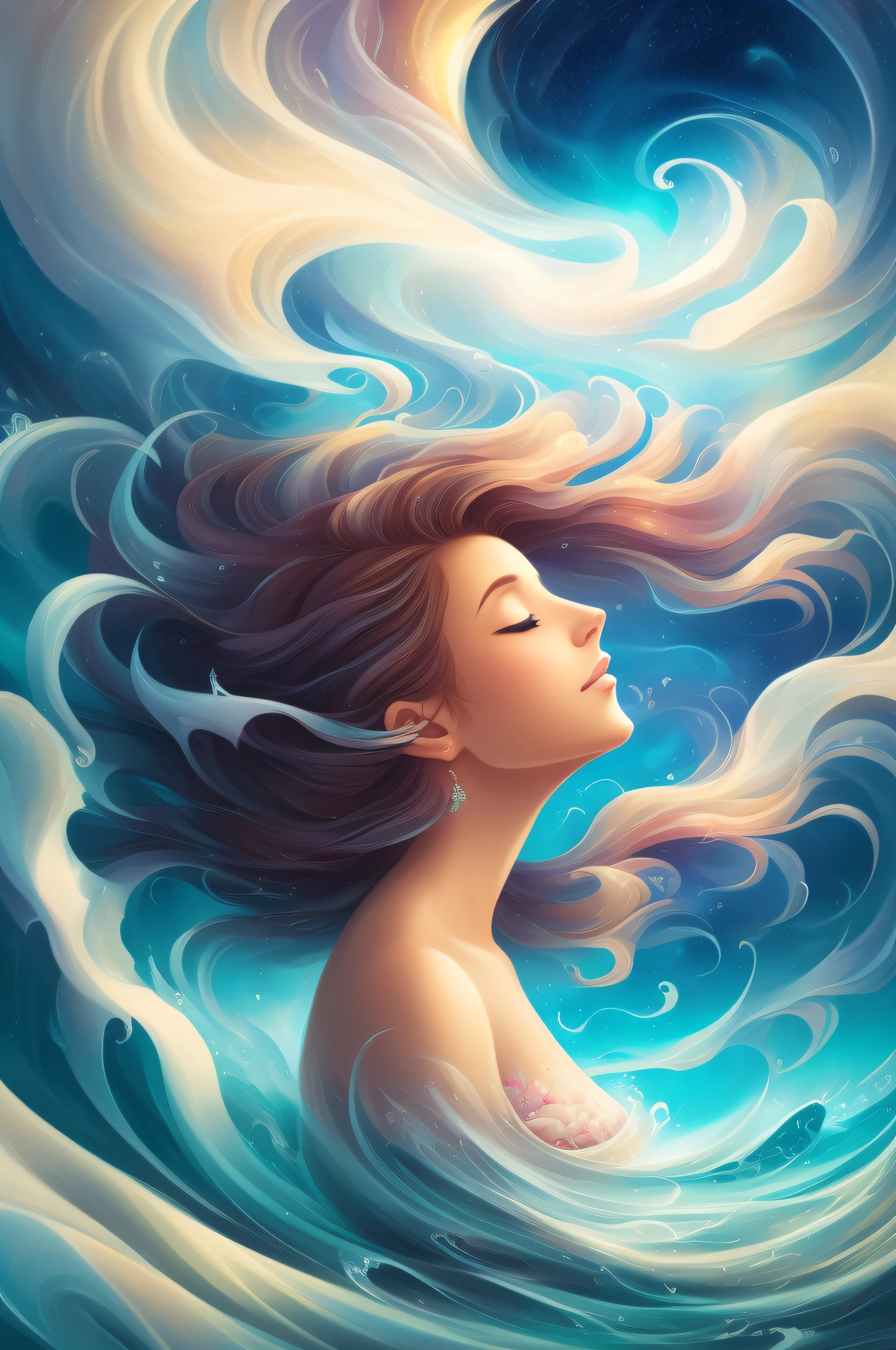 painting of a woman with her eyes closed and her hair blowing in the wind, softly swirling magical energy, channeling swirling energy, swirling magical energy, swirling water cosmos, by Cyril Rolando, swirling flows of energy, in the astral plane ) ) ), dreamlike digital painting, inspired by Cyril Rolando, ' lost in a lucid dream, dreaming face
