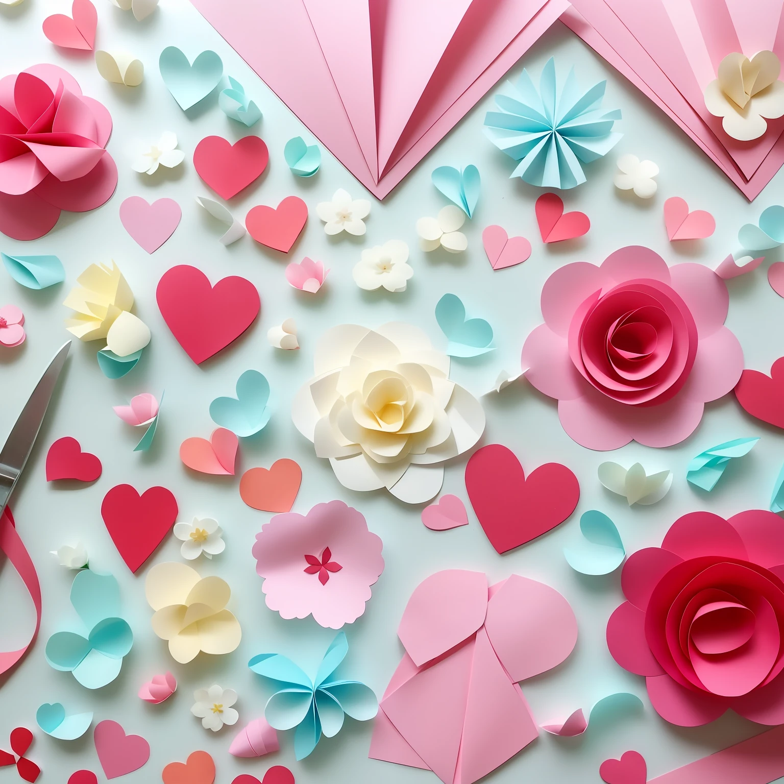 There are many paper flowers and hearts on the table, arte em papel, flores de origami de papel, artesanato em papel, paper decoration, origami de papel, pano de fundo, recortes de papel de cores lisas, muitas rosas origami, muitas rosas de origami sakura, arte de modelagem de papel, Amor Artesanal, arte em papel em camadas, artesanato de papel low poly, heartbreaker, papelcraft, Kirigami, papel, papel de parede florido