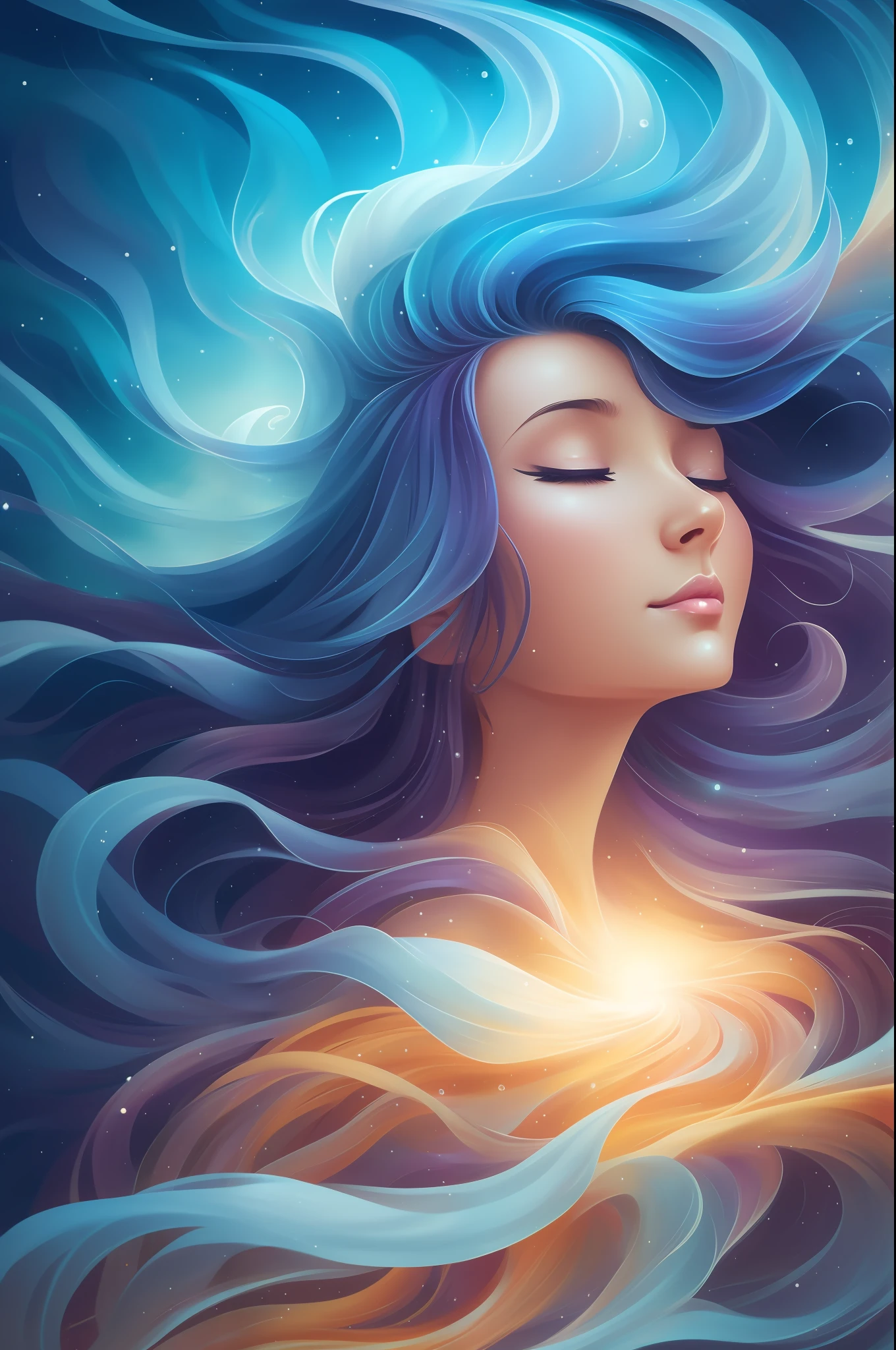 painting of a woman with her eyes closed and her hair blowing in the wind, softly swirling magical energy, channeling swirling energy, swirling magical energy, swirling water cosmos, by Cyril Rolando, swirling flows of energy, in the astral plane ) ) ), dreamlike digital painting, inspired by Cyril Rolando, ' lost in a lucid dream, dreaming face
