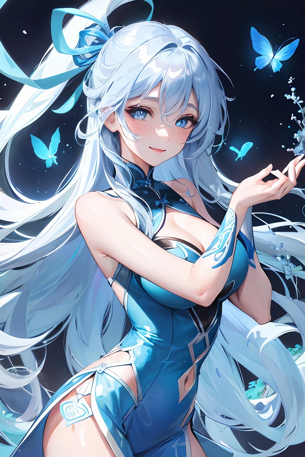 Glowing blue butterfly，Blue sexy cheongsam，1girll，blue color eyes，Seductive pose with long white hair， Blush, Smile, cheerfulness, Masterpiece, Best quality,A high resolution,Detail enhancement，best qualtiy，Perfect image quality