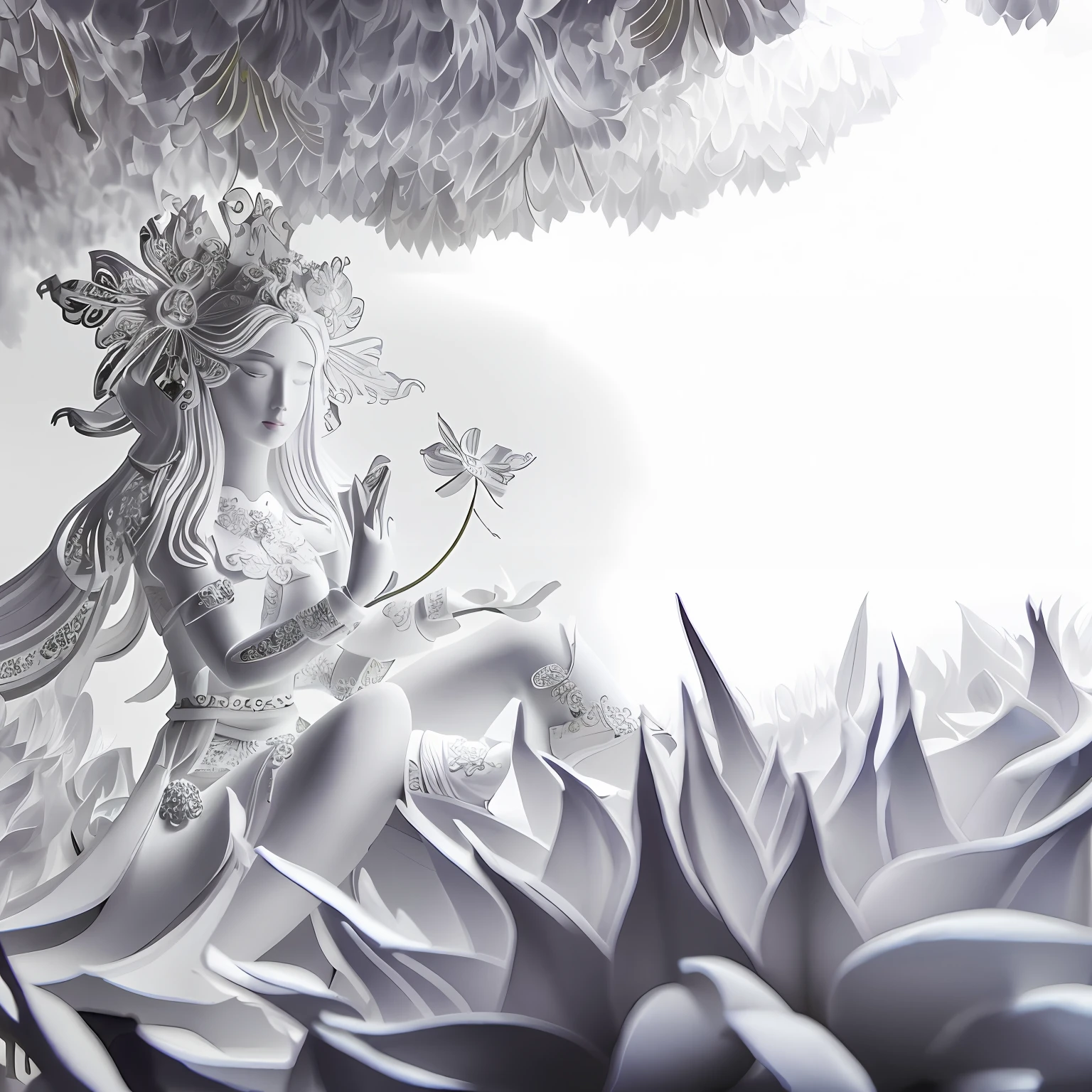 there is a woman sitting on a flower covered bench, goddess. extremely high detail, paper art, intricate 3 d illustration, layered paper art, made of paper, paper cut art, extremely detailed goddess shot, intricate ornate anime cgi style, paper modeling art, made from paper, detailed fantasy illustration, 3d shaded art, intricate digital artwork, a beautiful artwork illustration