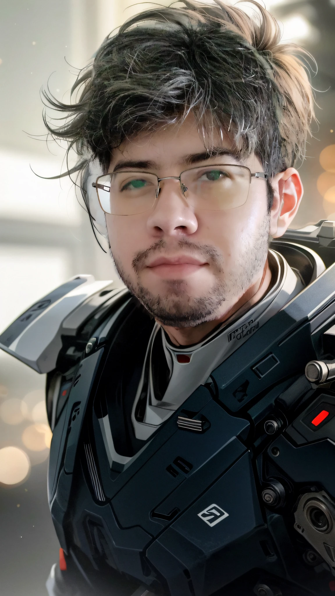 Foto retrato de um homem bonito, olhos perfeitos, em um exosuit mecha usado, ((bokeh claro)), intrincado, (steel metal [ferrugem]), elegante, foco nítido, foto por greg rutkowski, soft-lighting, cores vibrantes, obra-prima, ((ruas)),