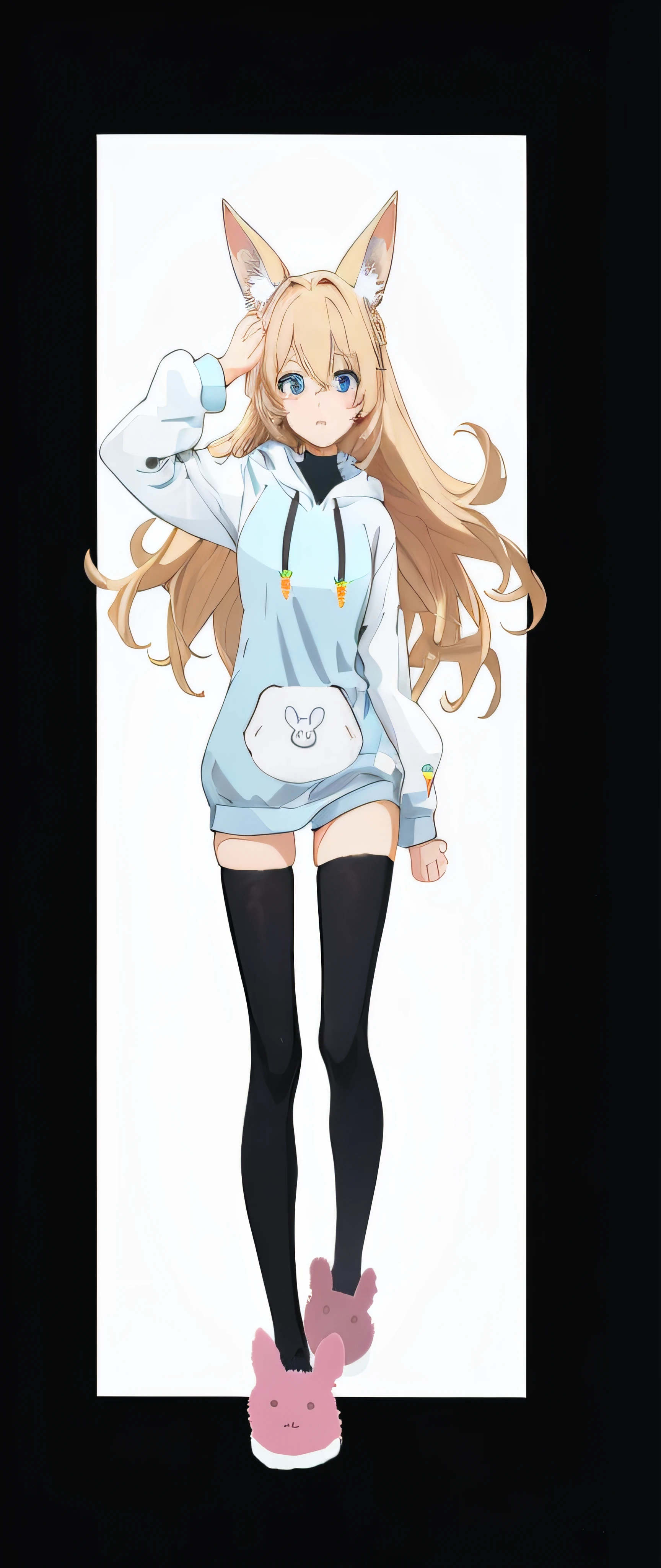 a close up of a person in a black bodysuit with tall wolf ears, fullbody commission, anime full body illustration, blonde anime girl with long hair, full body portrait, anime vtuber full body model, anime girl with long hair, single character full body, in a fighting pose, light blue pull over jersey hoodie with large white sleeves, black tights, blue eyes, blonde hair, pink bunny slippers, carrot accessories, bunny emblem on hoodie