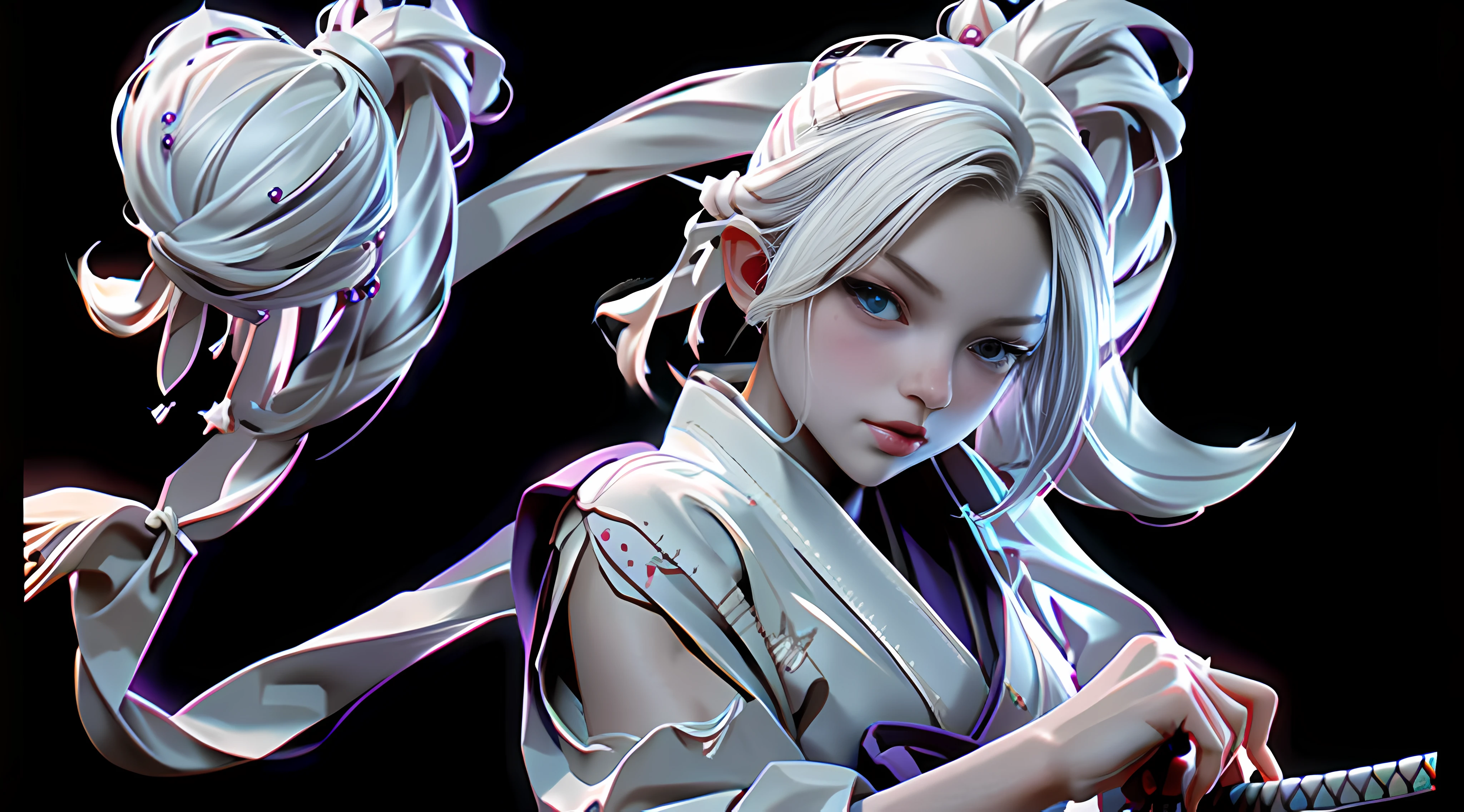 upper body, 1girl, white hair, ponytail, purple eyes, (ninja), short sword, medium breats ,scarf, wallpaper, magic circle background, light particles, blue fire,