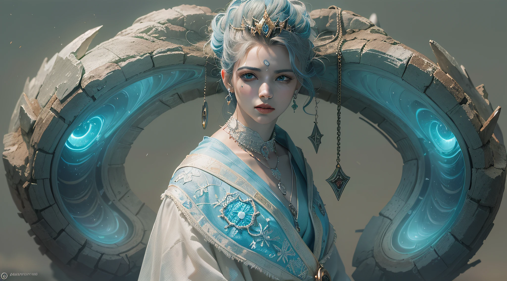 (Numerous award-winning masterpieces, With incredible detail, textures and maximum detail), (hyper realistic:1.4), (Realistic:1.3), (melhor qualidade de pele textura real), (finely detailed true circle Symmetrical eyes), Rosto finamente detalhado, ((mundo medieval)), (retrato de corpo inteiro:1.7), ((The Lord's Ice Demon)), ((O Diabo Congelado e Frio Extremo do Senhor)), (Queime o olhar gelado brilhante nos olhos), (Ela tem um sorriso travesso no rosto), (Olhos que brilham azuis no escuro:1.8), (Um par de olhos azuis de gelo com luz azul forte emitindo de dentro:1.7), (Full body standing image:1.8), bio-luminescence, (Gelo e vento forte rodopiando ao fundo), (dramatic light), (A majestic sight), (His countenance is gentle and handsome, mas de alguma forma aterrorizante), Brincos de vidro nas orelhas, (dramatic photo:1.7), ((dramatic pose)), (foto extravagante), (cabelos dourados), (cabelos prateados), (cabelo castanho), cabelo de corte curto, ((procura para cima)), ((olhando para baixo)), (Around her neck is a simple necklace of exquisite finish), (Bioluminescence with a bright glow:1.3), (Use magia gelada chamativa:1.2), (Gelo e neve rodopiantes), O Grande Templo do Diabo, The Great Devil's Sanctuary, Grande Templo, grande catedral, temple ruins, templo destacado, (Luminous magic circle), Ruins of an ancient castle, Masses of bright majestic clouds and sky, Raio, epic realistic, desbotado, arte, (Greg Rutkowski:0.8), (teal and orange:0.4), (Artee Station:1.5), cinemactic, ((Cores Neutras)), (HDR:1.5), (cores silenciadas:1.2), hiper detalhado, dramatic light, (detalhes intrincados:1.1), Antecedentes complexos,