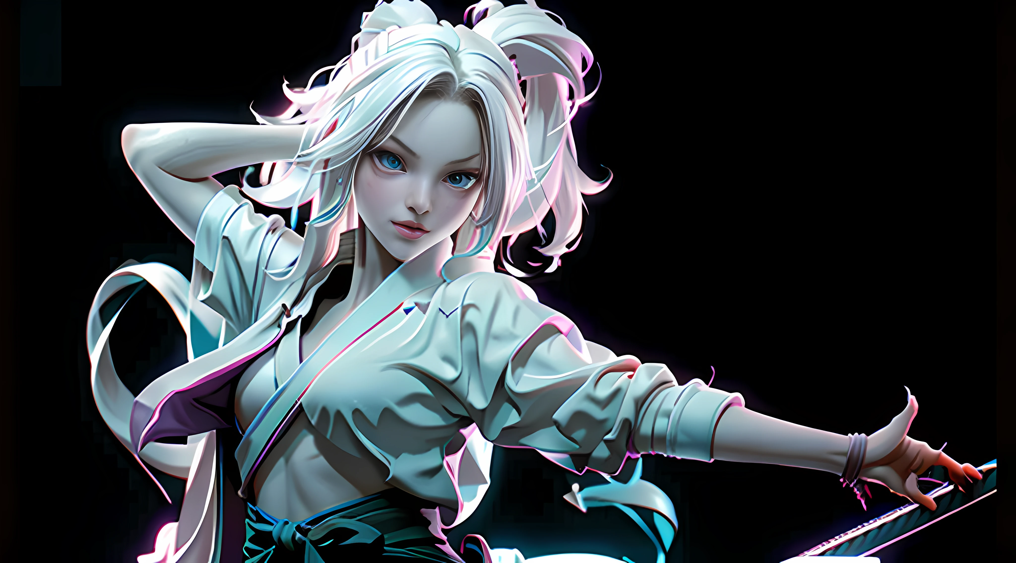 upper body, 1girl, white hair, ponytail, purple eyes, (ninja), short sword, medium breats ,scarf, wallpaper, magic circle background, light particles, blue fire,
