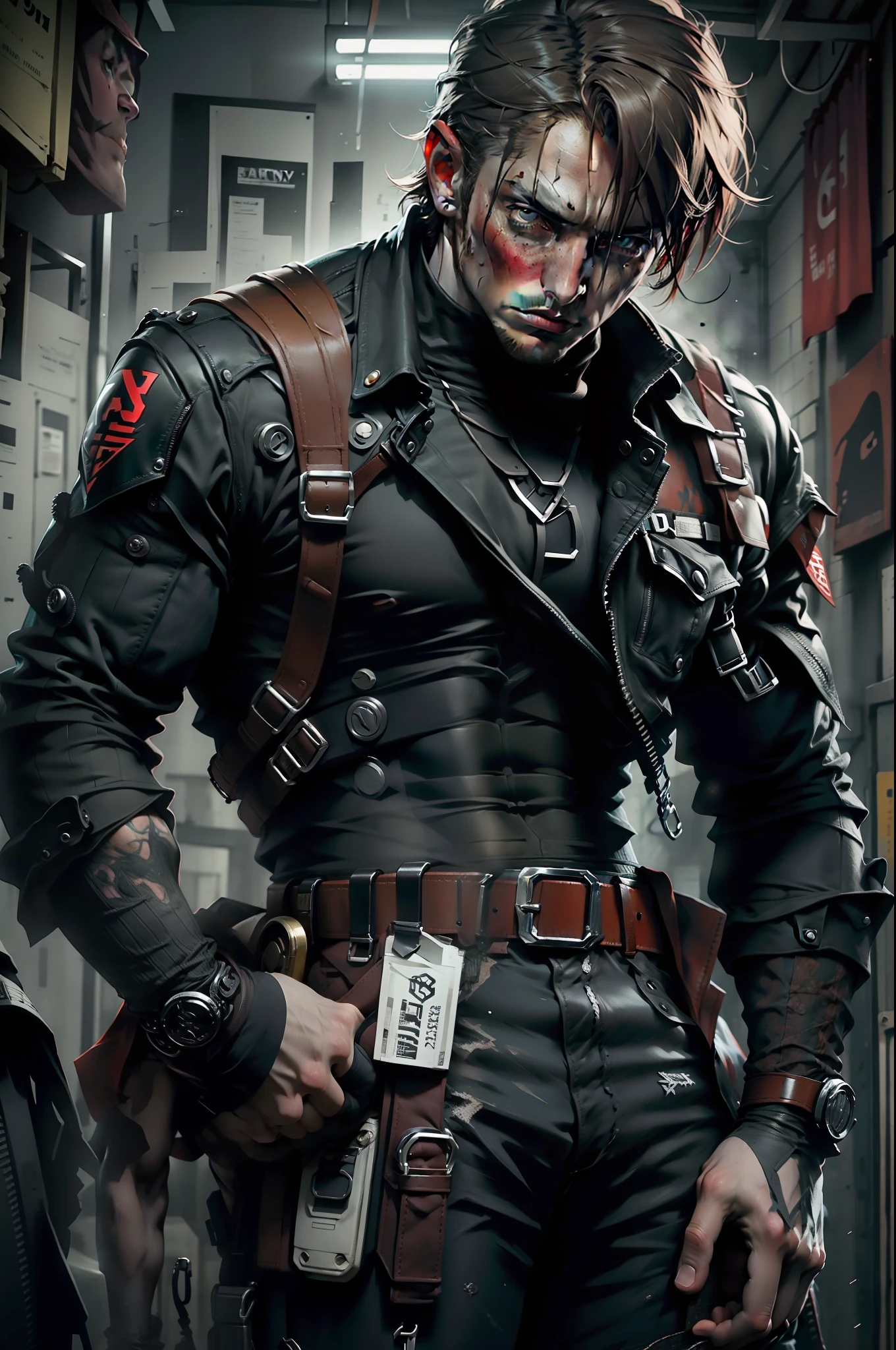 Leon Kennedy com a roupa do Resident Evil 4, rosto altamente detalhado, sexy, corpo inteiro, cores ricas, bonito contraste, hiper realista, textura realista, 8K
