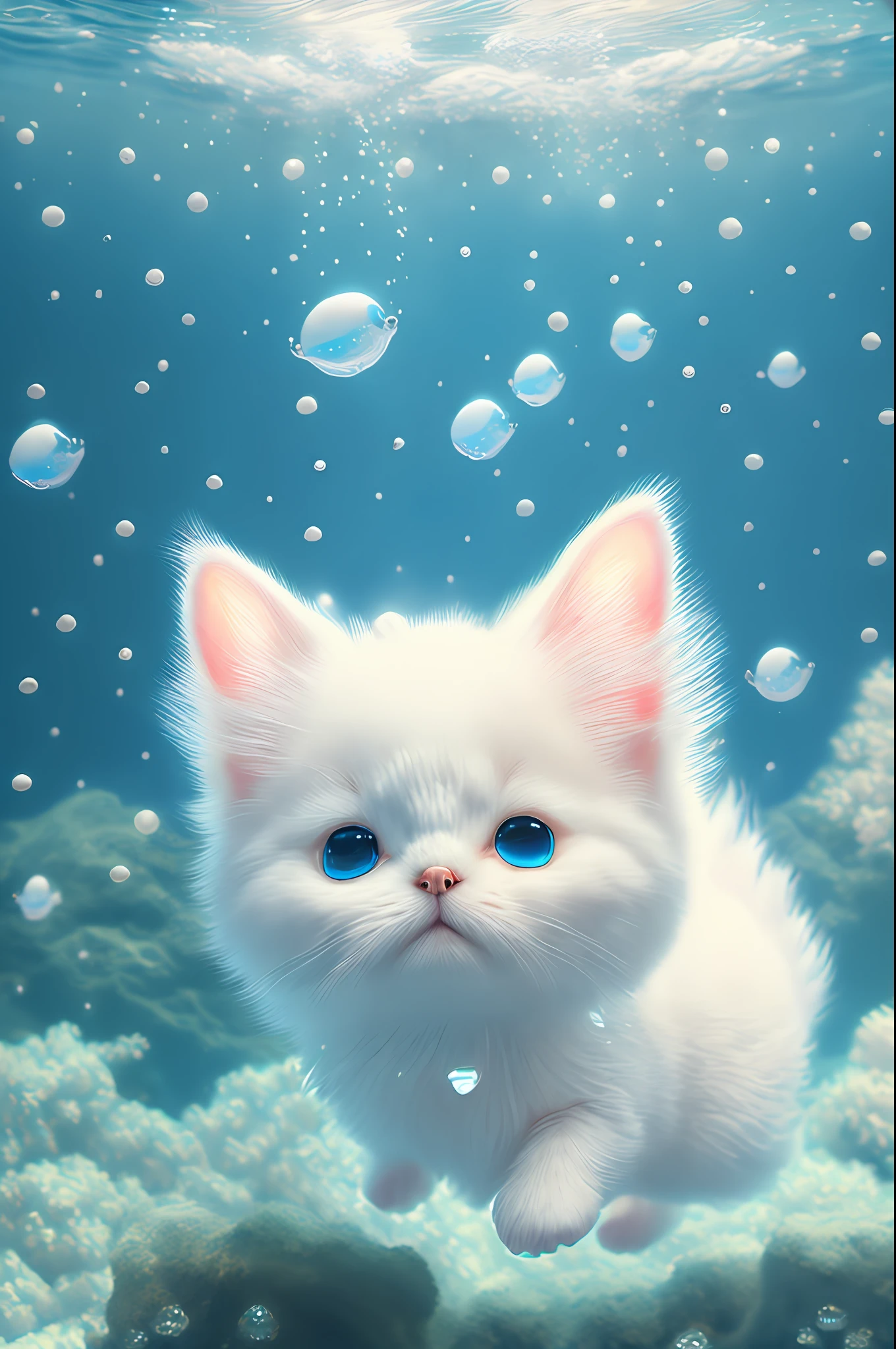 A little white kitten swimming underwater, eyebrows, smile, fantasy in Katsuhiro Otomo style, in realistic hyper-detail rendering style, glow, yellow blue, ultra-realistic oil painting, head close-up, exaggerated perspective, Tyndall effect water drops, pearlescent mother-color, holographic white, realistic---s400 --auto