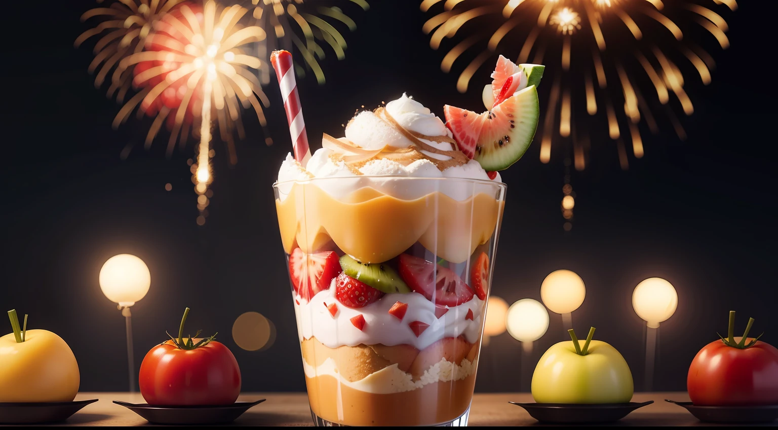 Big parfait for parties、Fireworks are stuck、Parfait with petite tomatoes, pears and kiwi