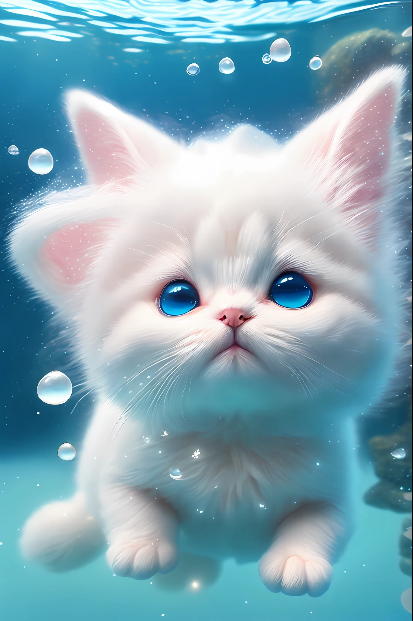 A little white kitten swimming underwater, eyebrows, smile, fantasy in Katsuhiro Otomo style, in realistic hyper-detail rendering style, glow, yellow blue, ultra-realistic oil painting, head close-up, exaggerated perspective, Tyndall effect water drops, pearlescent mother-color, holographic white, realistic---s400 --auto