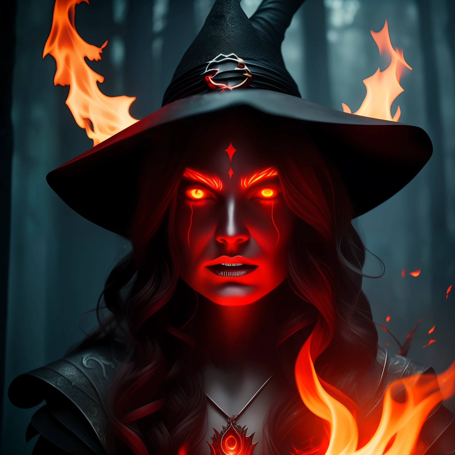 Magical witch in the underworld, her eyes glow red, fire, anger, hatred, 8k, realistic
