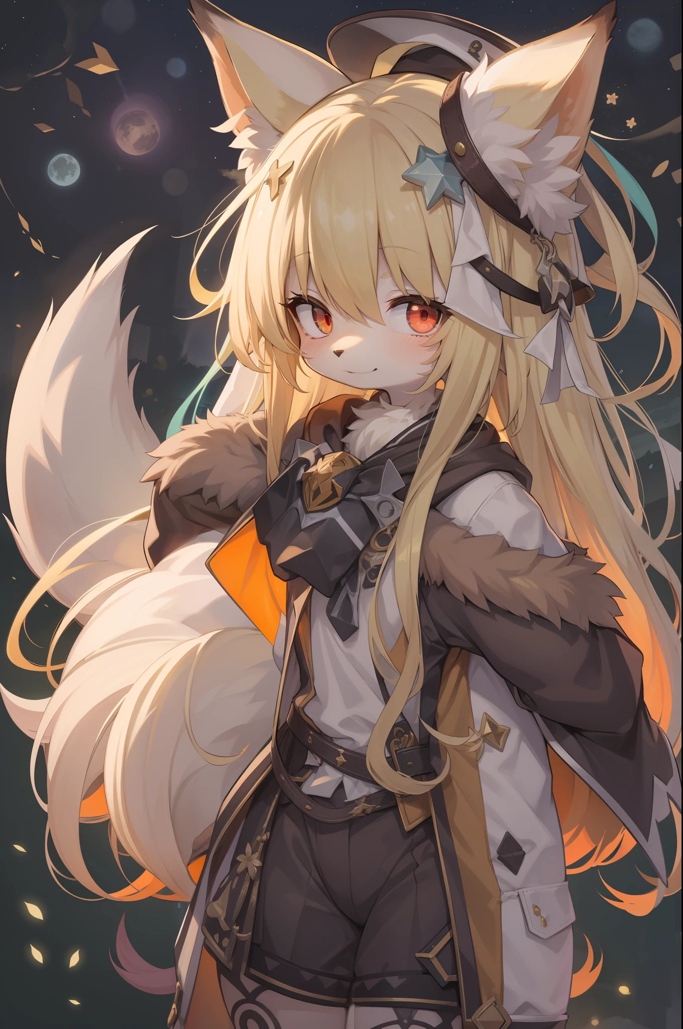 Shota the fox,hairy pubic,shaggy,Skin fur,Golden fur,Golden yellow face fur,Short straight blonde hair,Eyes have light,Red eyes,Brown elements on fur,Brown coat brown hood up,White top,brown shorts,Beautiful lights and shadows,Ambient light,Ultra-fine fur,volumettic light,natural lightting,fox tails,Fluffy tail,No Man, Glowing tree,Lake, dark scenery, rain,Night,starrysky,Vast landscape,crossed bangs, Hairline, Shiny hair, lone nape hair, ,The smiley face has a faint blush, smiley,Sleepy,(Oversized Full Moon:1.2),(meteors:0.9),(Starcloud:1.3)(Warm light source:1.2),aurora,nevando,snowfield, Extra-long sleeves, Purple and orange,Complicated details,Volumetriclighting,Realist breakthrough(tmasterpiece:1.2)(best qualtiy),4K,Ultra-delicate,(Dynamic configuration:1.4),Highly detailed and colorful details,(Irridescent color :1.2),(luminouslighting,Atmospheric lighting),dream magical,magic,独奏,Glowing light,Light blush, ,Single+
