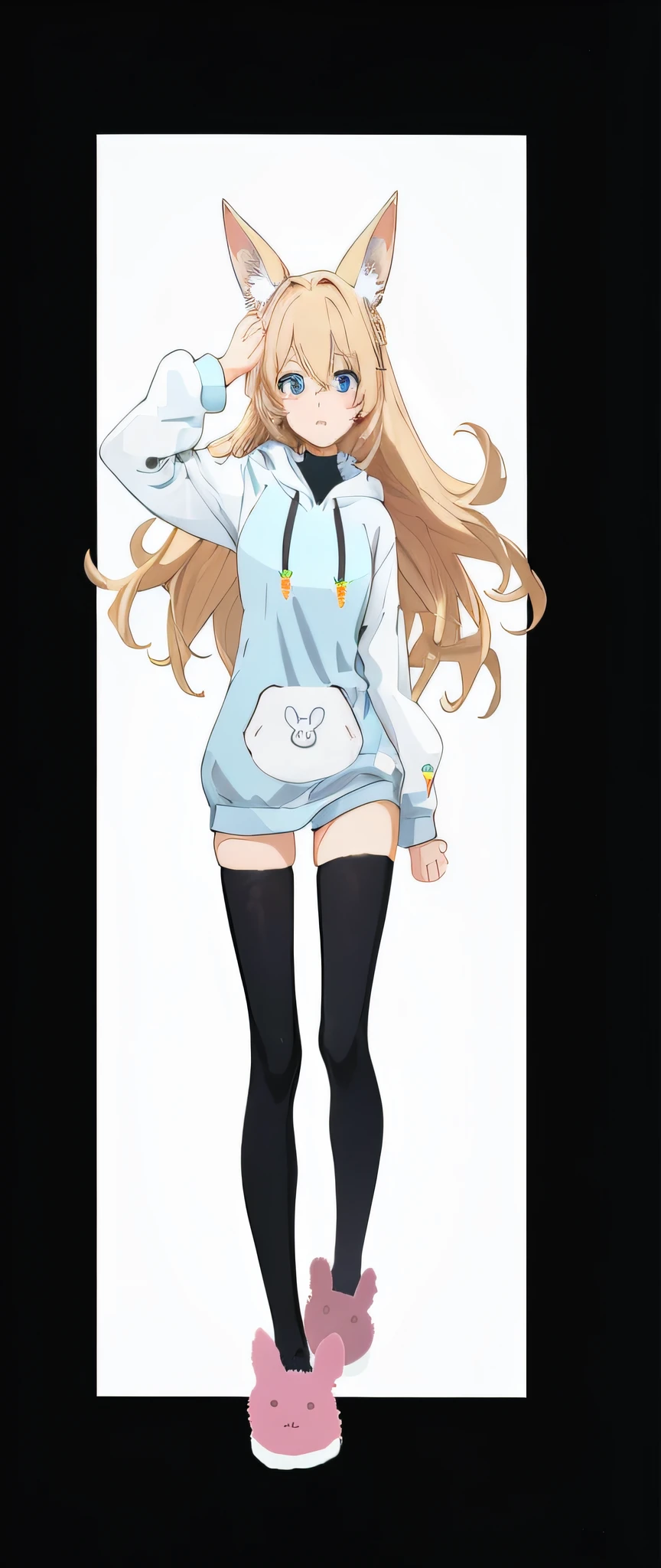 a close up of a person in a black bodysuit with tall wolf ears, fullbody commission, anime full body illustration, blonde anime girl with long hair, full body portrait, anime vtuber full body model, anime girl with long hair, single character full body, in a fighting pose, light blue pull over jersey hoodie with large white sleeves, black tights, blue eyes, blonde hair, pink bunny slippers, carrot accessories, bunny emblem on hoodie