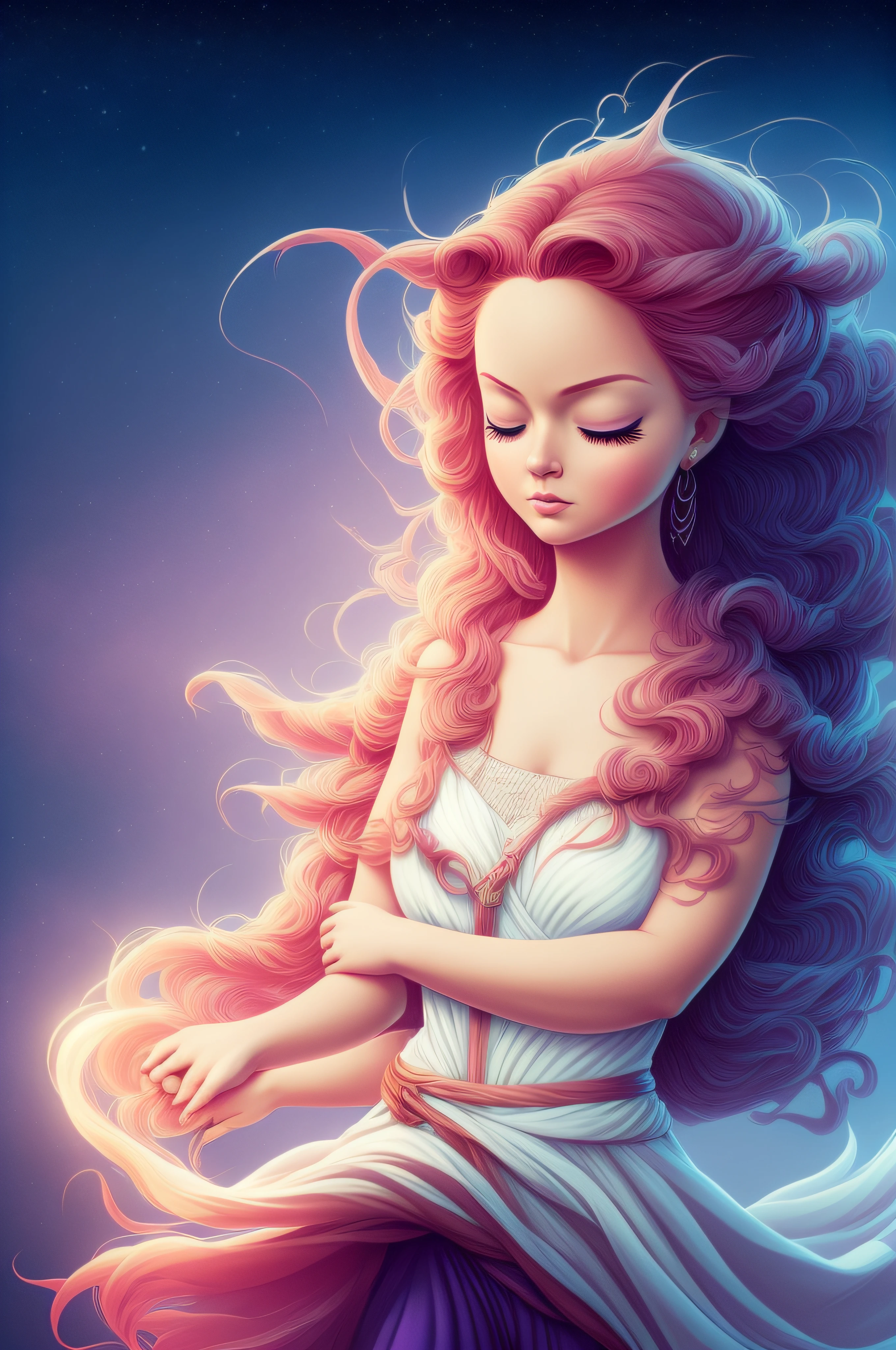 painting of a woman with her eyes closed and her hair blowing in the wind, softly swirling magical energy, channeling swirling energy, swirling magical energy, swirling water cosmos, by Cyril Rolando, swirling flows of energy, in the astral plane ) ) ), dreamlike digital painting, inspired by Cyril Rolando, ' lost in a lucid dream, dreaming face