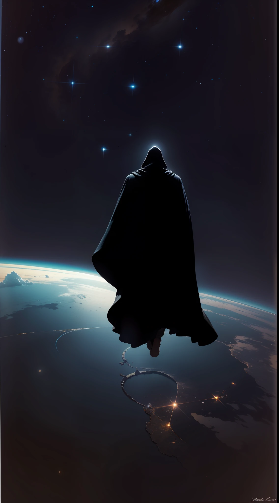 silhueta preto, a man on his back in a cloak flying over the earth at night, emergindo do sol, universo
