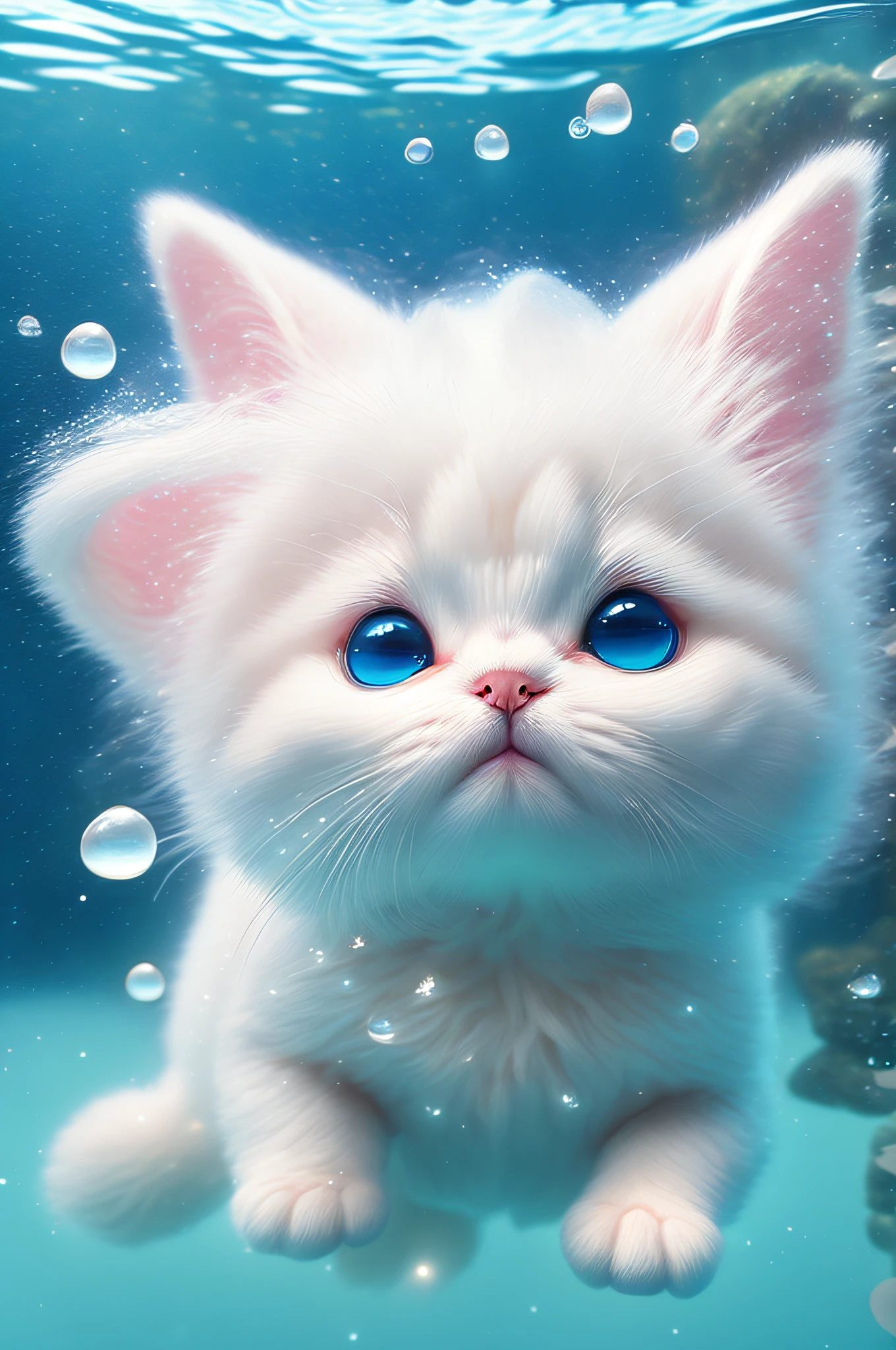 A little white kitten swimming underwater, eyebrows, smile, fantasy in Katsuhiro Otomo style, in realistic hyper-detail rendering style, glow, yellow blue, ultra-realistic oil painting, head close-up, exaggerated perspective, Tyndall effect water drops, pearlescent mother-color, holographic white, realistic---s400 --auto