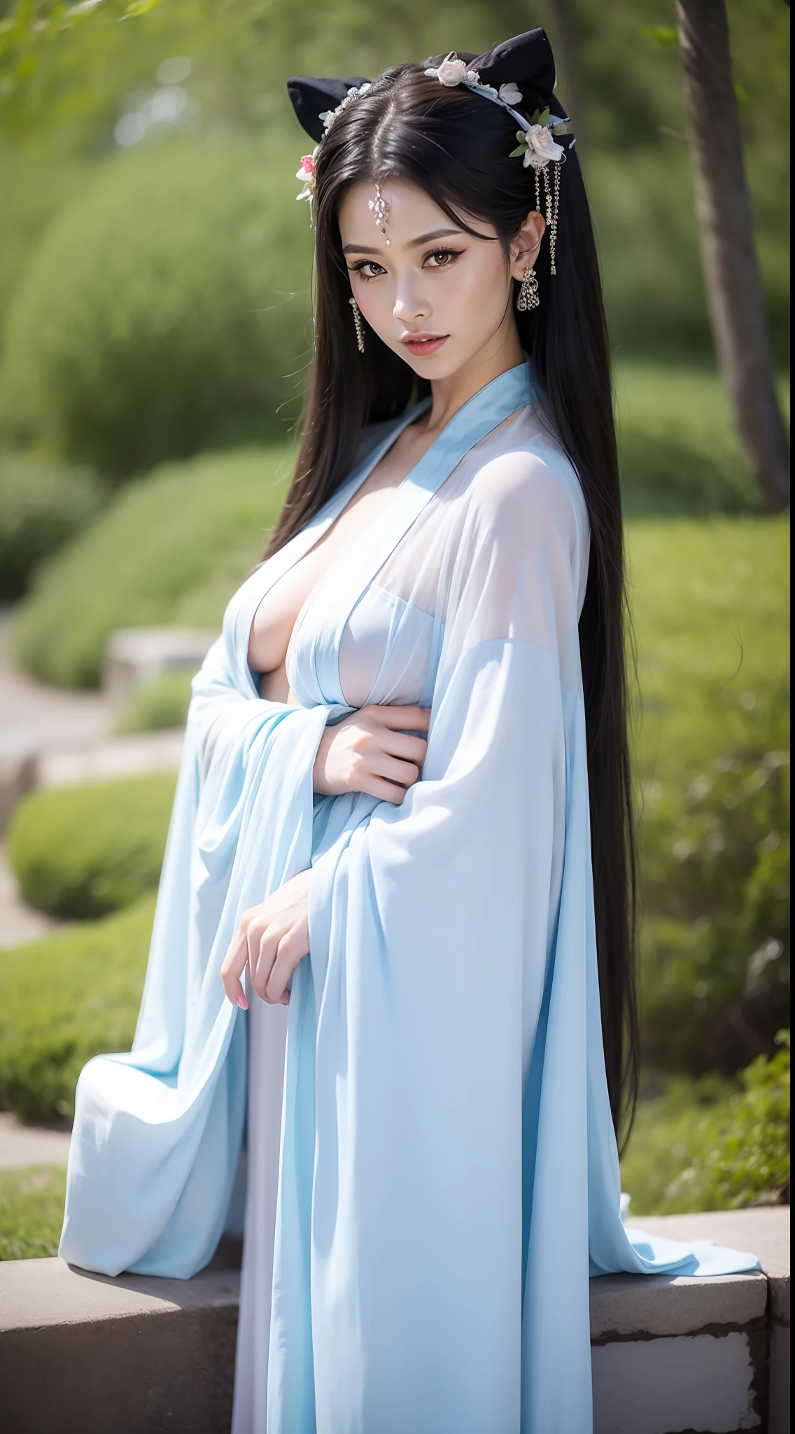 Fashion model  [[[[closeup cleavage]]]]obgasm]]]], [[[[co]], [[[[bshoulders]]]], perfect  eyes, Perfect iris，Perfect lips，perfect teeth，Perfect skin，Long face，slender nose，Soft front light，hdr，Movie girl，long whitr hair，Long hair with a shawl，In the background is a pond，lotuses，（pastel colour：1.2）