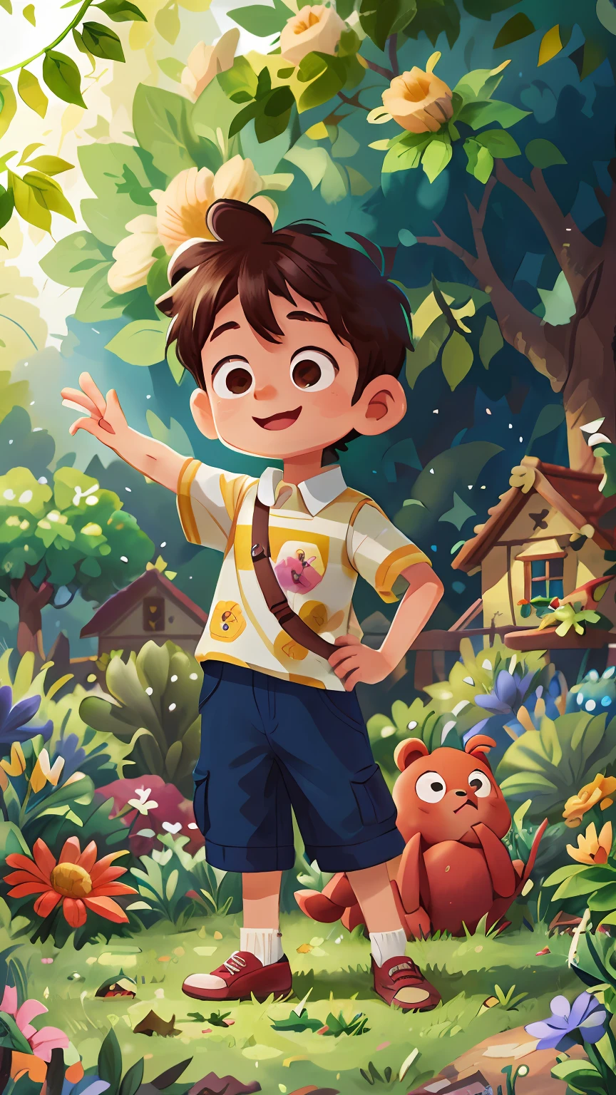 A 6-year-old boy standing in a garden, happy, happy, perfect quality, clear focus (mess - house: 0.8), (masterpiece: 1.2) (Realistic: 1.2) (Bokeh) (Best quality) (Detailed Skin: 1.3) (Intricate Details) (8K) (Eye Detail) (Sharp Focus), (Happy)