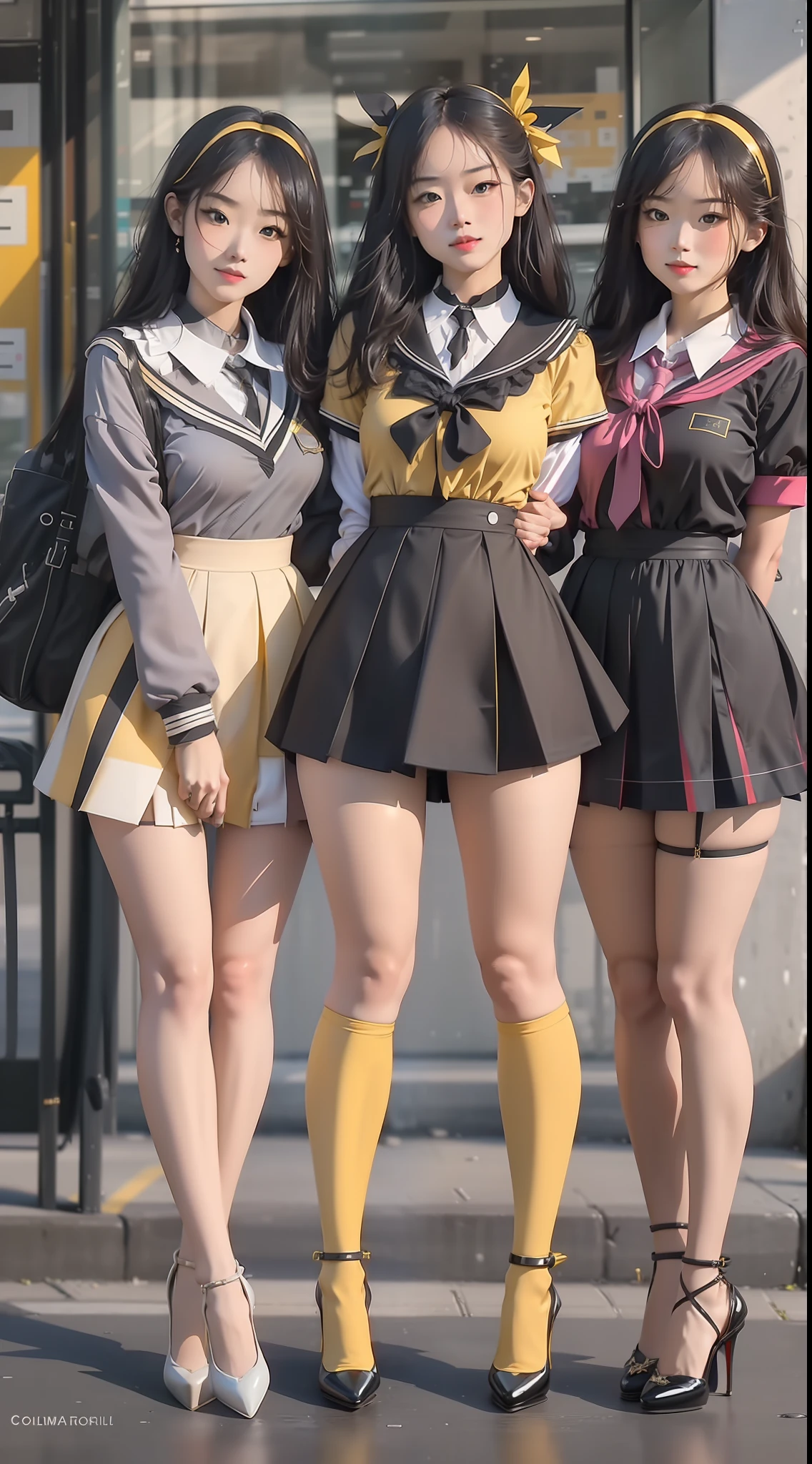 Splitting characters is prohibited,(Full body shot:1.3), tarot cards,Must show your face, anatomy correct, high-heels,Stockings are mandatory, Colorful,j.K. School uniform print yellow color scheme,strappy,Prop your hands back on the ground,Open your legs to reveal your panties,Complex and diverse backgrounds,Strangling effect, anklet, leg loops, collars, Heavy makeup, A shallow laugh, hyper HD, Ray traching, structurally correct, Award-Awarded, high detal, lightand shade contrast, Face lighting,cinmatic lighting, tmasterpiece, super detailing, high high quality, high detal, best qualityer, 16k