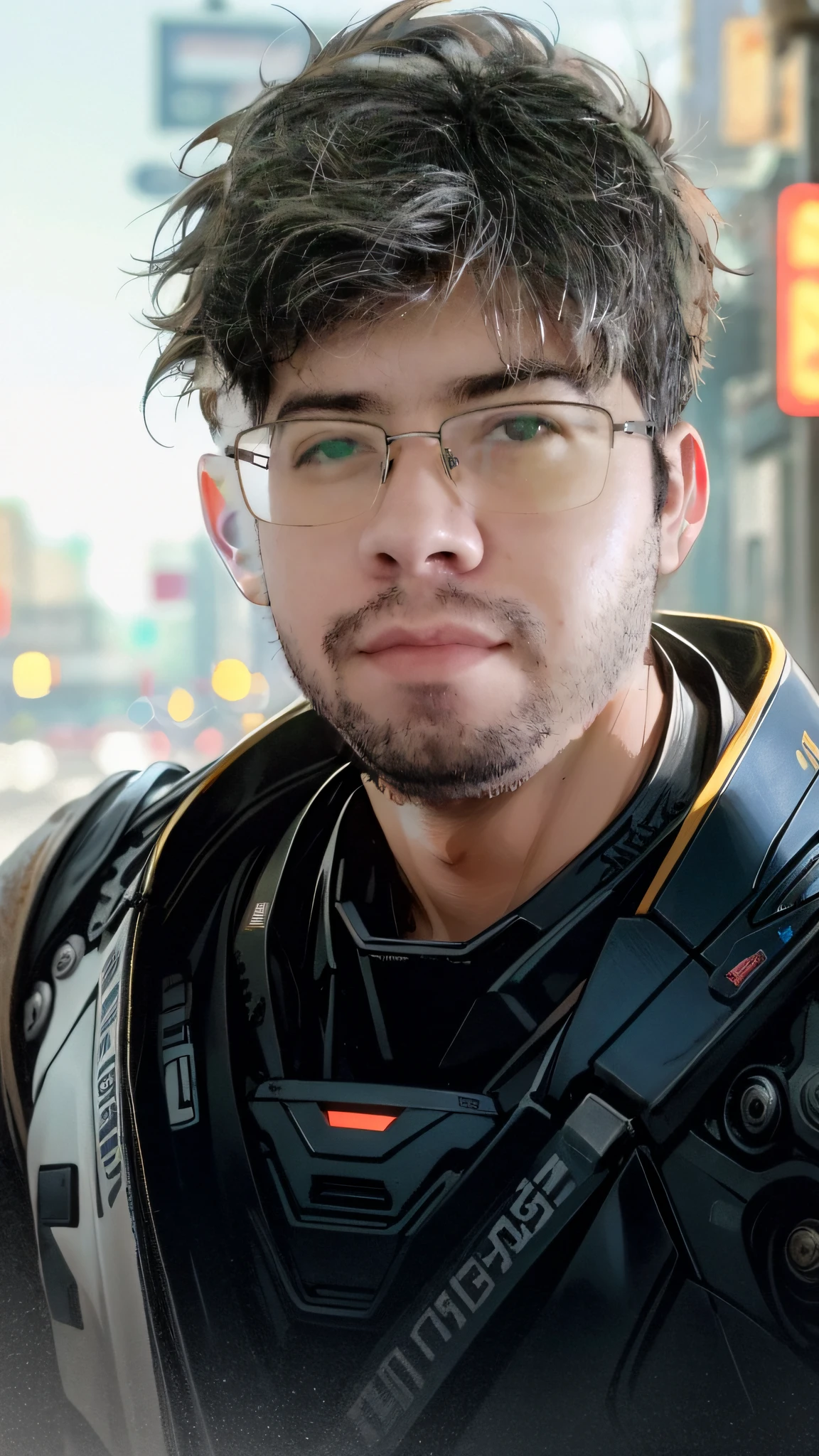 Portrait photo of an handsome male  ,perfect eyes ,  in a worn mecha exosuit,((light bokeh)), intricate, (steel metal [rust]), elegant, sharp focus, photo by greg rutkowski, soft lighting, vibrant colors, masterpiece, ((streets)), detailed face