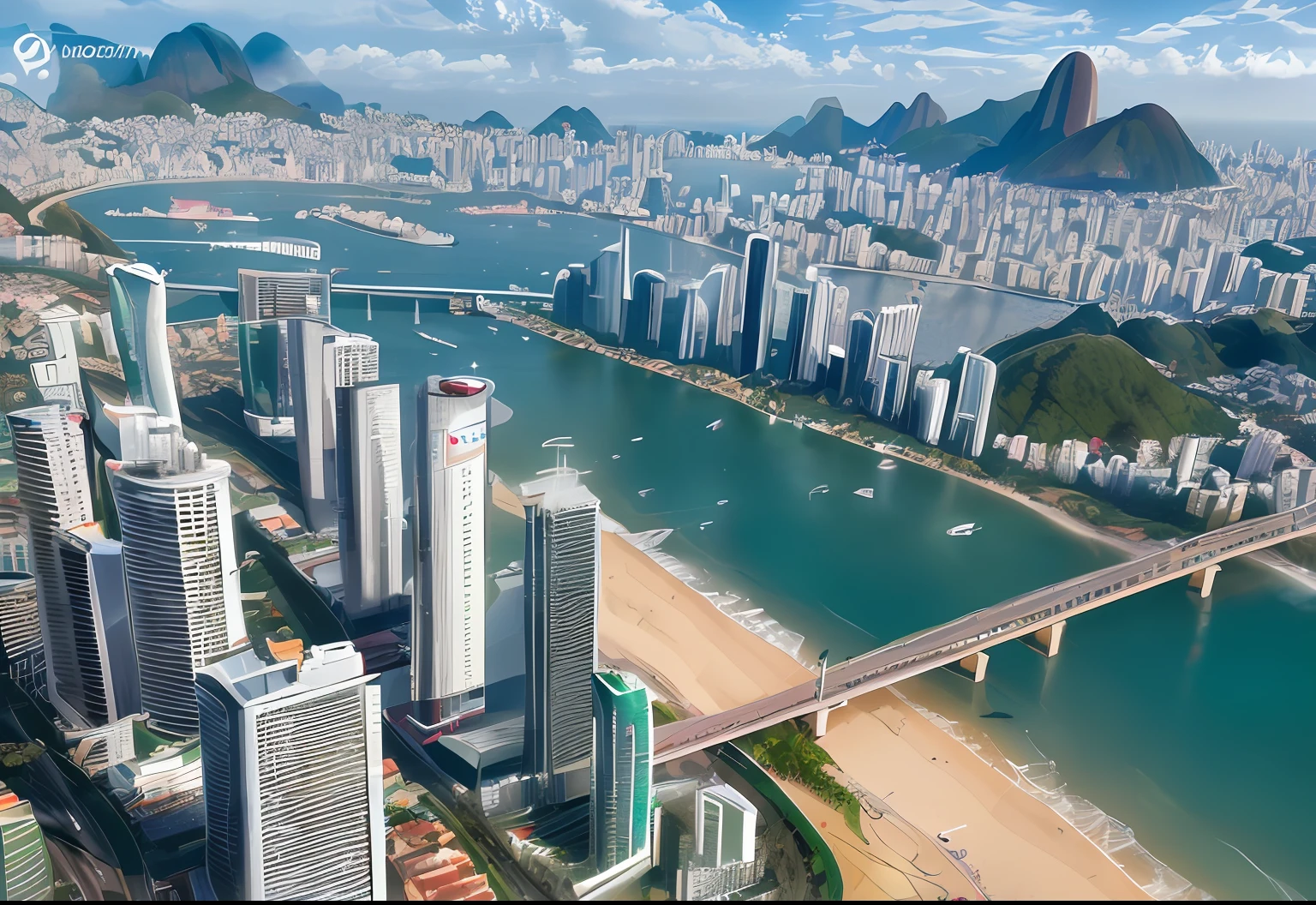 dia ensolarado, cidade, skyscrapers, elegant buildings on one side and Brazil's favela on the other pole, (carro), (hdr: 1.25), (detalhes intrincados: 1.14), (Hyper-realistic 3D rendering: 1.16), (film: 0.55)Foto RAW, 8k UHD, alta qualidade, filmic grain, Fujifilm XT3 ,(pintura digital), (melhor qualidade),Brasil ,Rio De Janeiro , Urbano, mar , Buildings, praia ,foto tirada de cima
