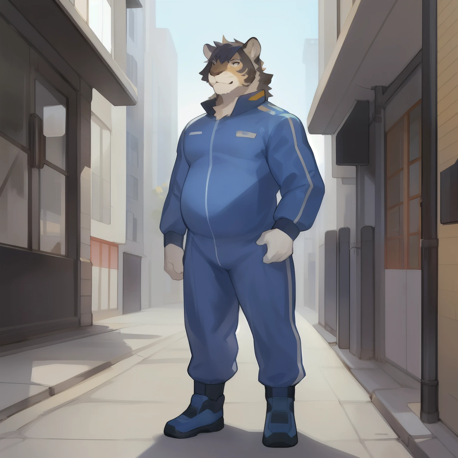 Solo, male, standing, slightly chubby, muscular,  by bebebebebe, (((pantherine))), (hair, snout), street, blue military spacesuit