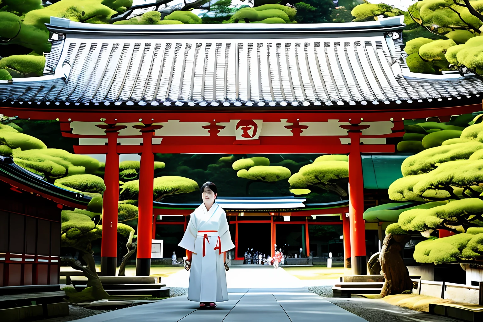 A beautiful Japanese girl dressed in white standing under the shrine torii