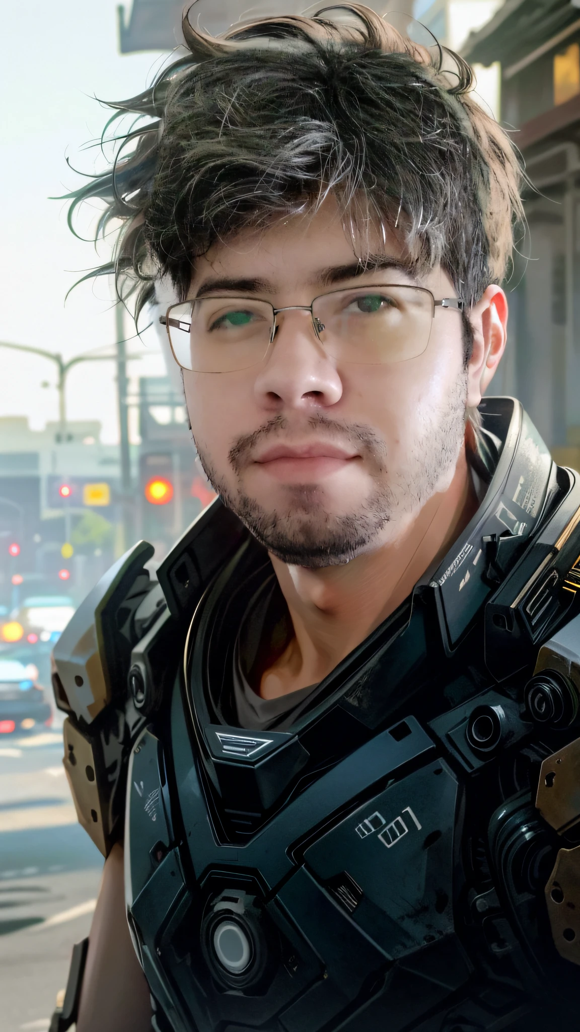 Portrait photo of an handsome male  ,perfect eyes ,  in a worn mecha exosuit,((light bokeh)), intricate, (steel metal [rust]), elegant, sharp focus, photo by greg rutkowski, soft lighting, vibrant colors, masterpiece, ((streets)), detailed face