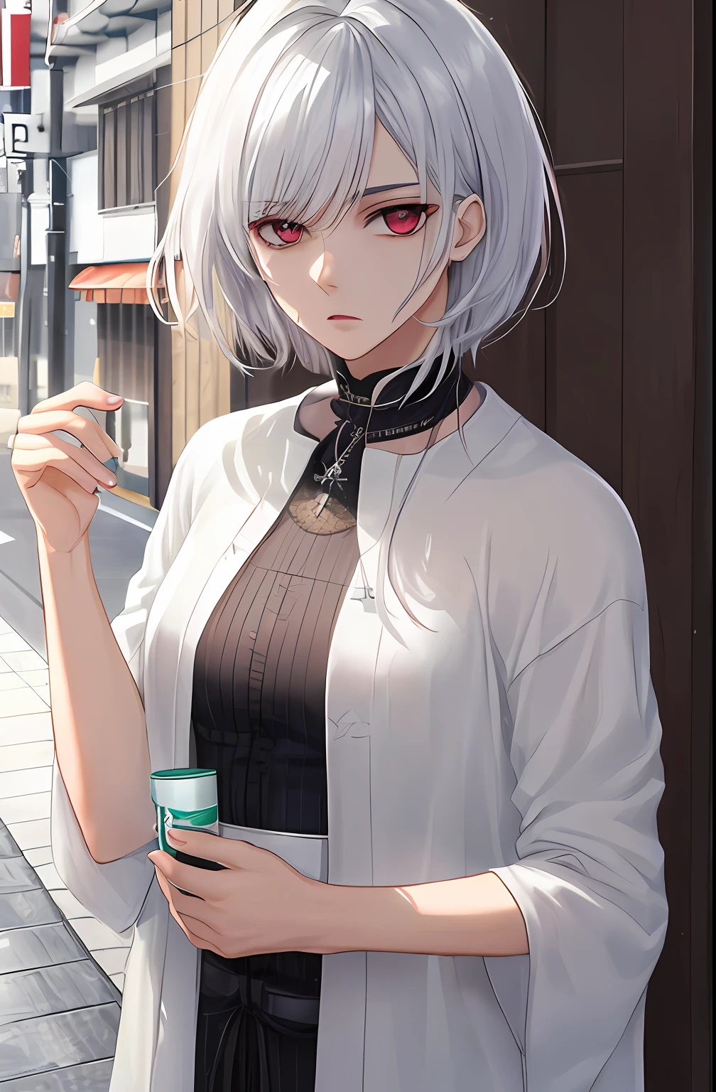 kk, melhor qualidade, mais detalhes, obra-prima, 1boy, kaneki ken, retrato, foco masculino, olhos sharingan, solo, franja, olhando para o espectador, capuz preto, cabelo curto, chuva, tokyo tokyo \(cidade\), capuz, nail polish, cabelo branco, luxuoso, 8k, detalhado, ray tracing, profundidade de campo, cinematic lighthing,