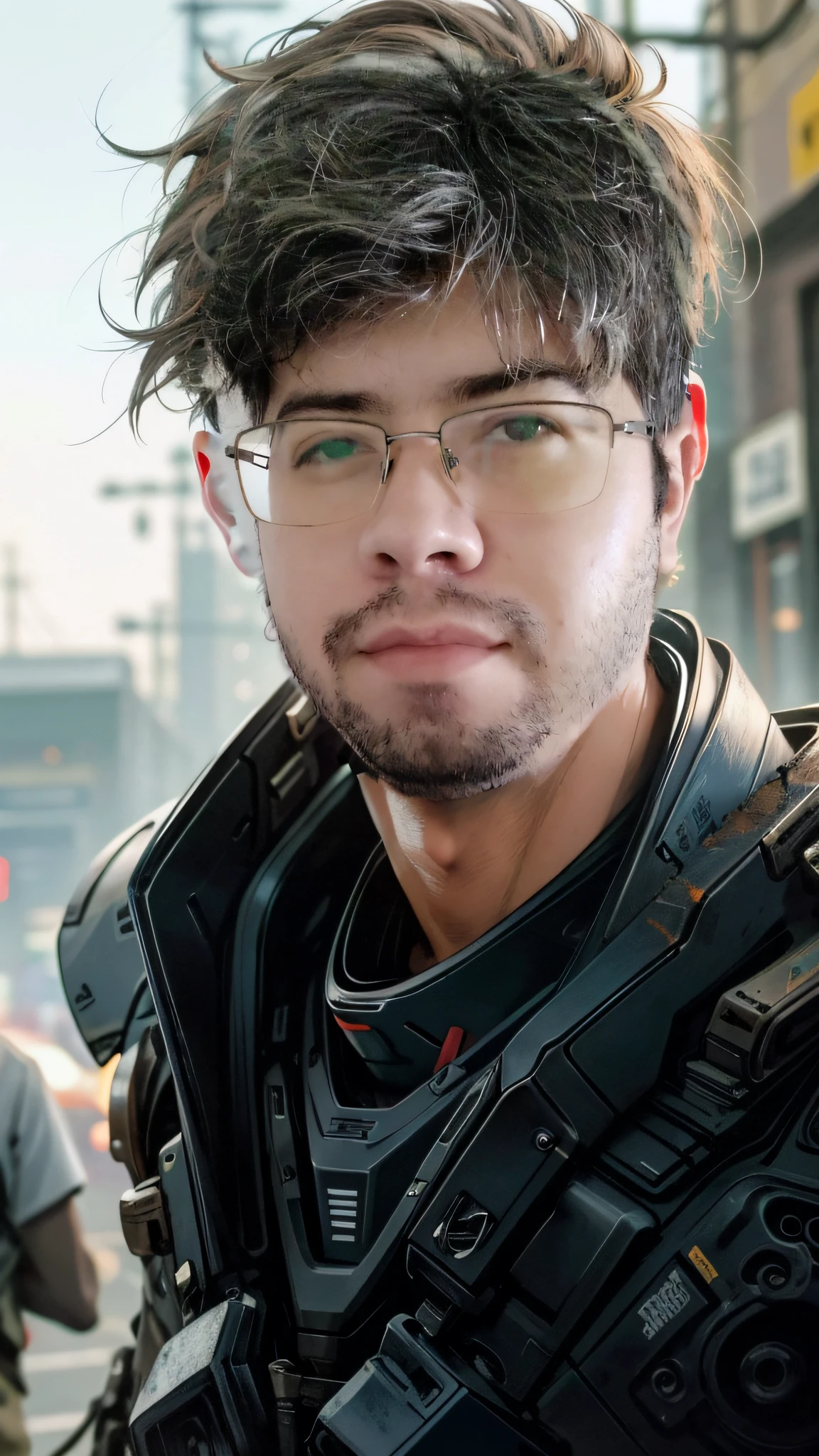 Portrait photo of an handsome male  ,perfect eyes ,  in a worn mecha exosuit,((light bokeh)), intricate, (steel metal [rust]), elegant, sharp focus, photo by greg rutkowski, soft lighting, vibrant colors, masterpiece, ((streets)), detailed face