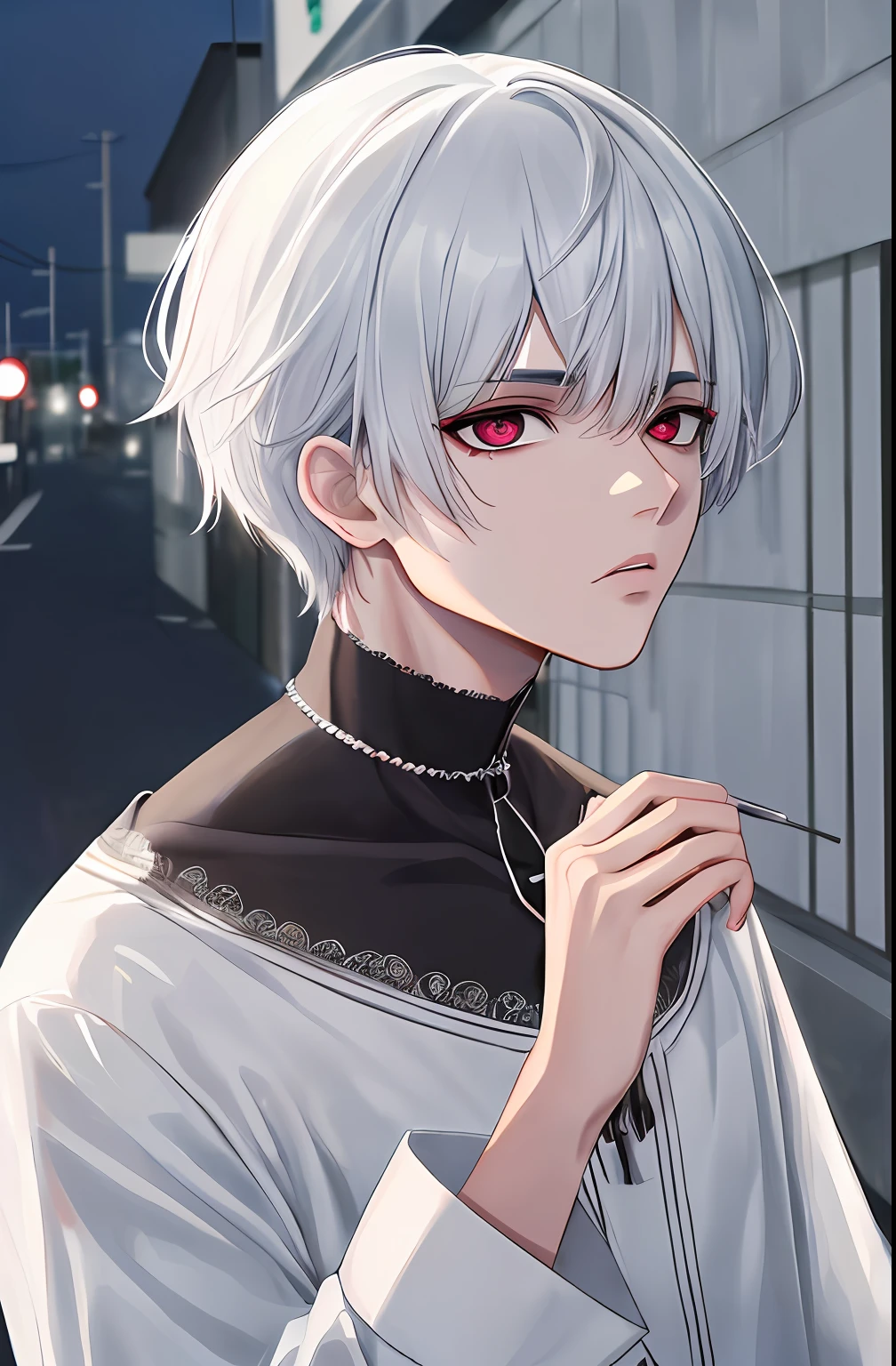 kk, melhor qualidade, mais detalhes, obra-prima, 1boy, kaneki ken, retrato, foco masculino, olhos sharingan, solo, franja, olhando para o espectador, capuz preto, cabelo curto, chuva, tokyo tokyo \(cidade\), capuz, nail polish, cabelo branco, luxuoso, 8k, detalhado, ray tracing, profundidade de campo, cinematic lighthing,