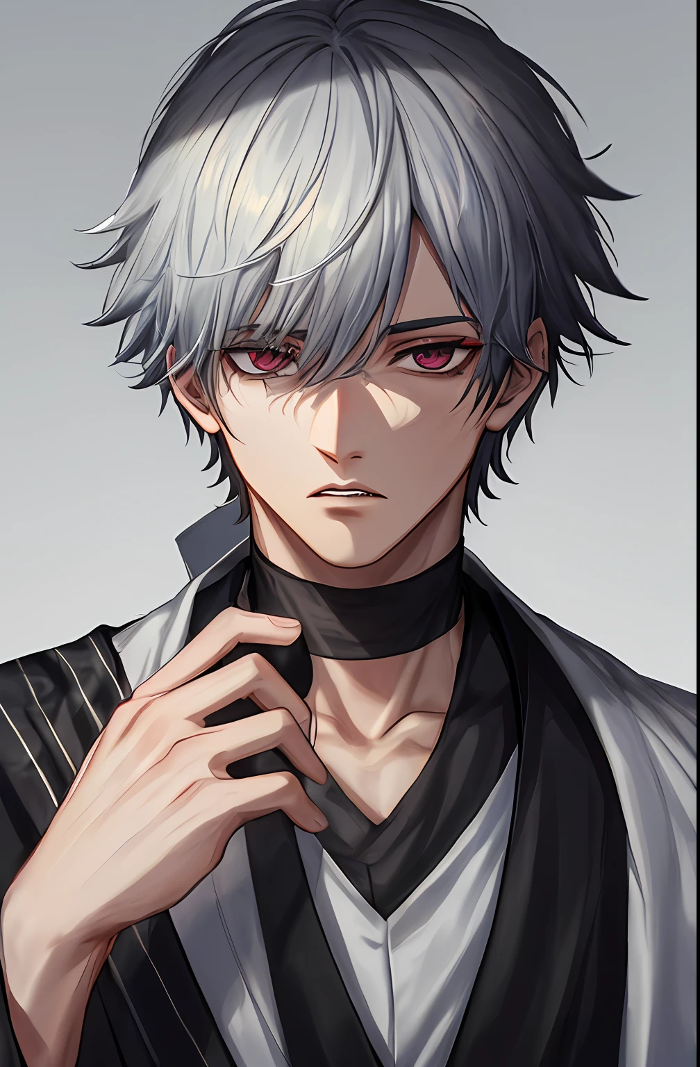 kk, melhor qualidade, mais detalhes, obra-prima, 1boy, kaneki ken, retrato, foco masculino, olhos sharingan, solo, franja, olhando para o espectador, capuz preto, cabelo curto, chuva, tokyo tokyo \(cidade\), capuz, nail polish, cabelo branco, luxuoso, 8k, detalhado, ray tracing, profundidade de campo, cinematic lighthing,