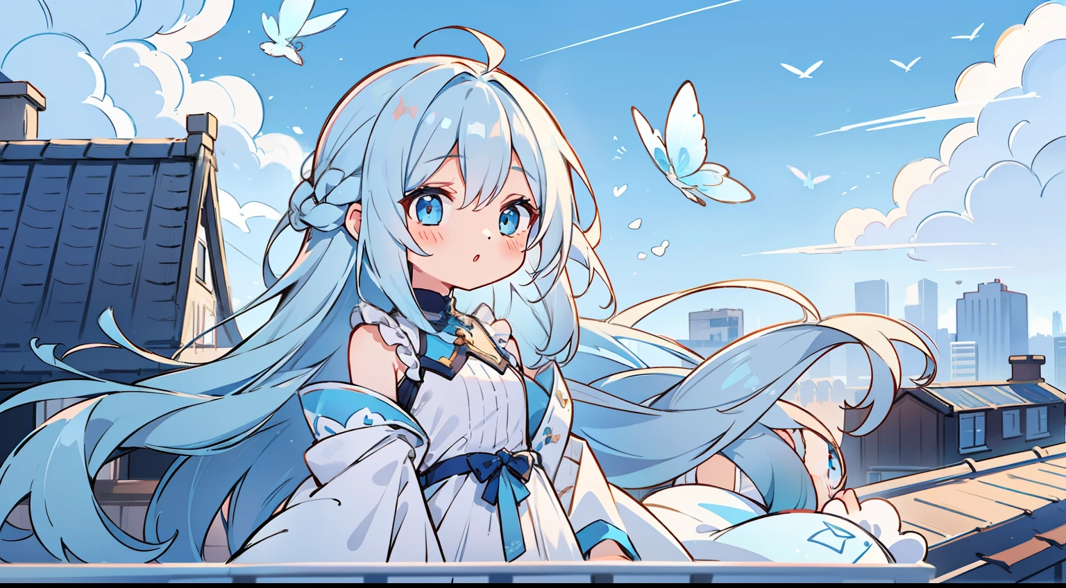 One Girl、Light blue and blue gradient hair、Gradient hair、cute little、Very long hair、On the rooftop、morning、light blue eyes、Street Fashion、Fluttering hair、Fluttering clothes、masterpiece、Top image quality、top-quality、blue-sky、