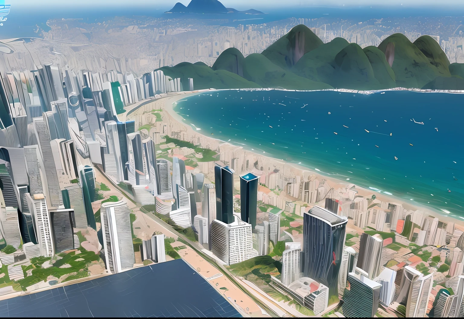 Rio De Janeiro ,dia ensolarado, cidade, skyscrapers, elegant buildings on one side and Brazil's favela on the other pole, (carro), (hdr: 1.25), (detalhes intrincados: 1.14), (Hyper-realistic 3D rendering: 1.16), (film: 0.55)Foto RAW, 8k UHD, alta qualidade, filmic grain, Fujifilm XT3 ,(pintura digital), (melhor qualidade),Brasil ,Rio De Janeiro , Urbano, mar , Buildings, praia ,foto tirada de cima